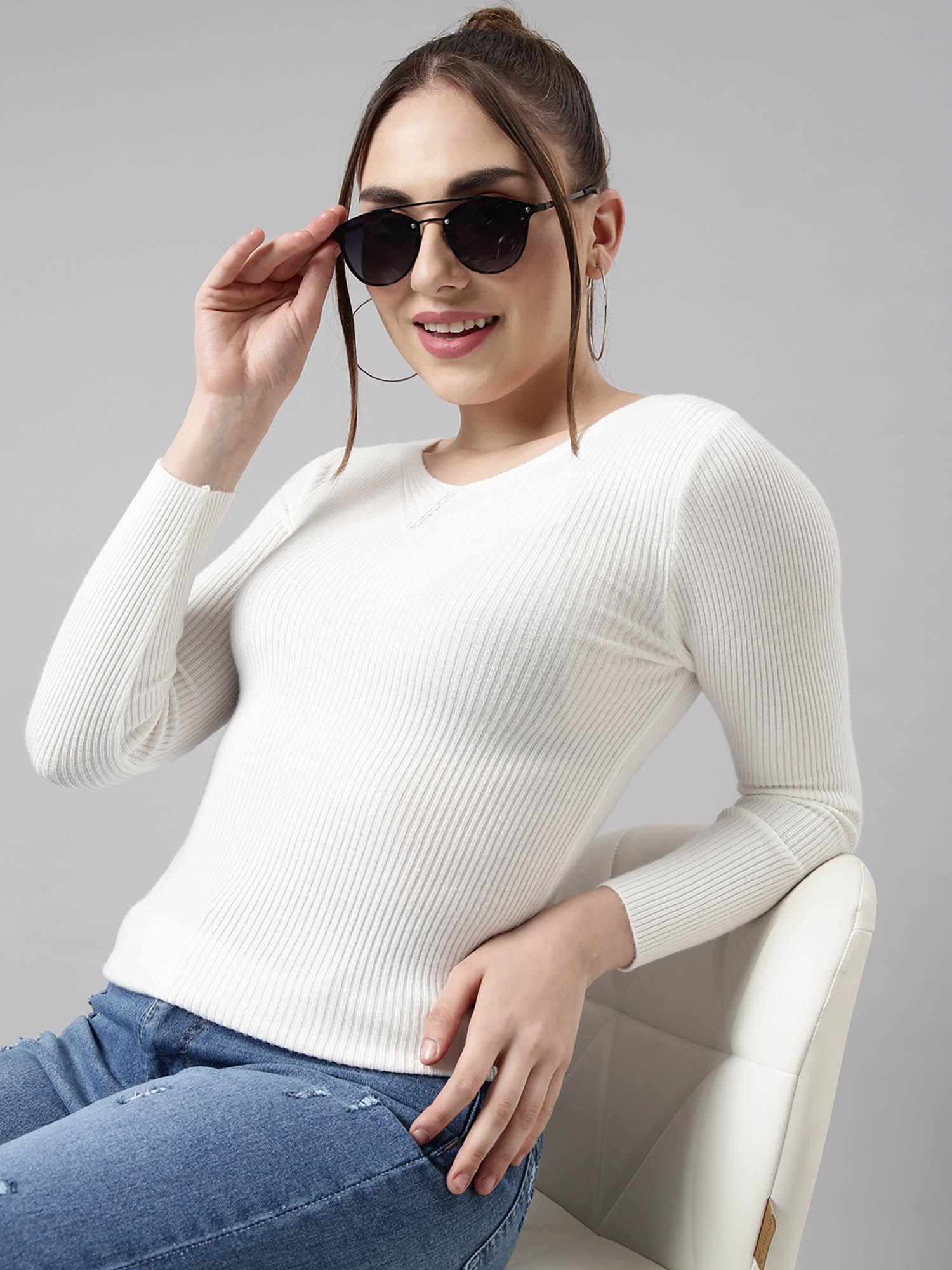 womens solid v-neck white fitted top