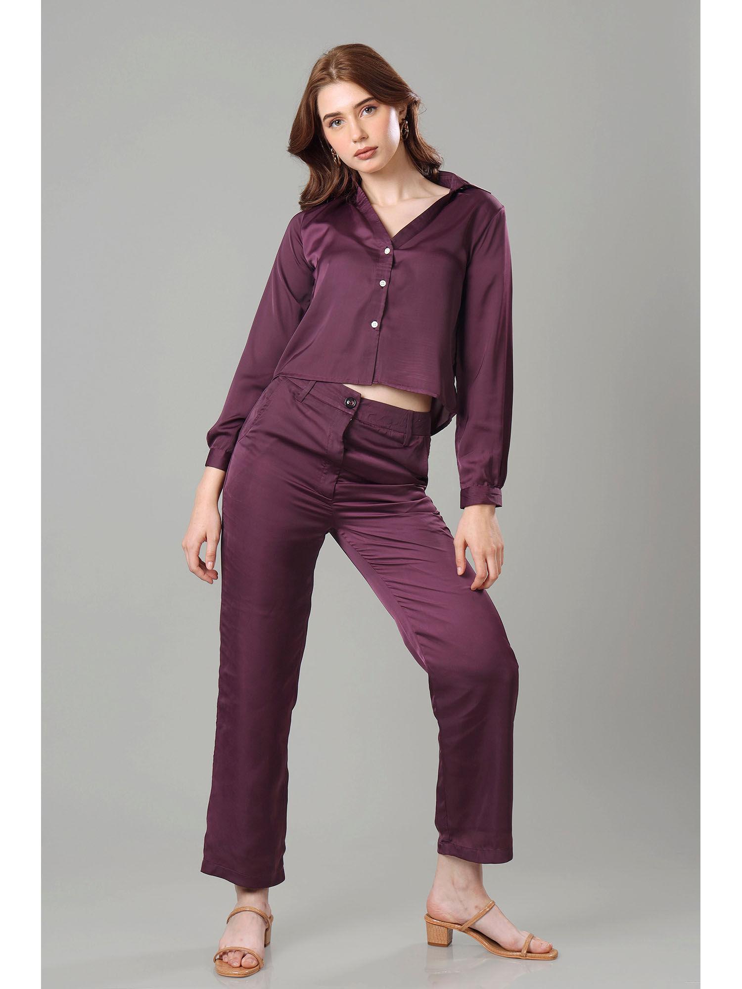 womens solid vintage wine cropped shirt co-ord (set of 2)