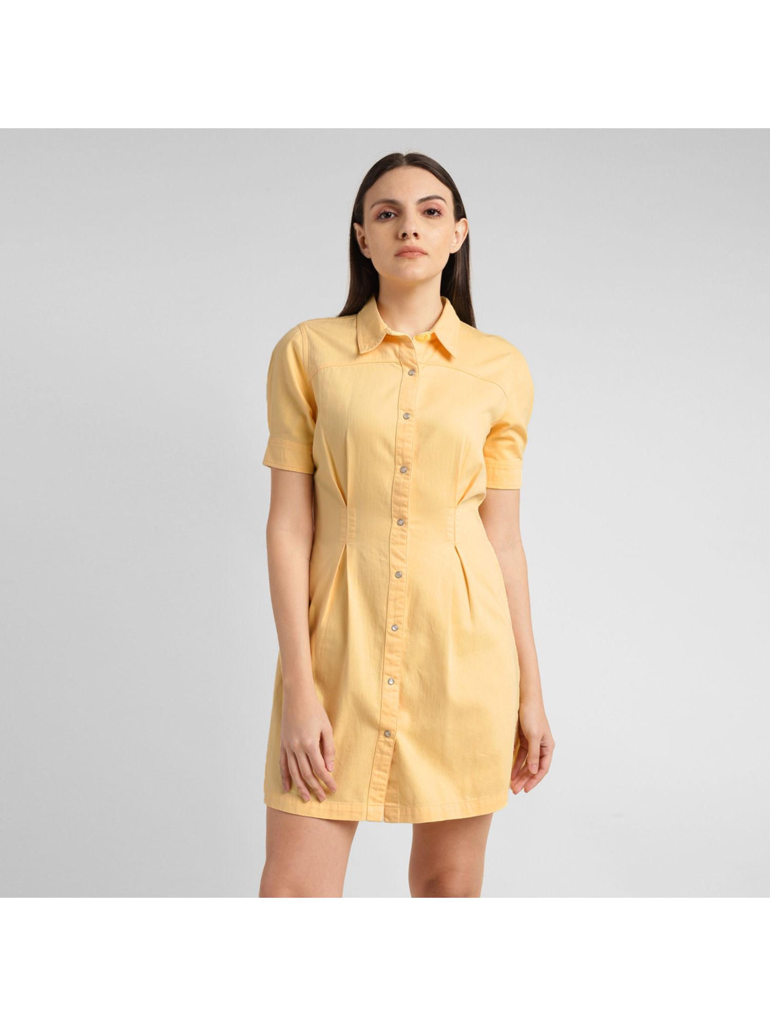 womens solid yellow spread collar dress