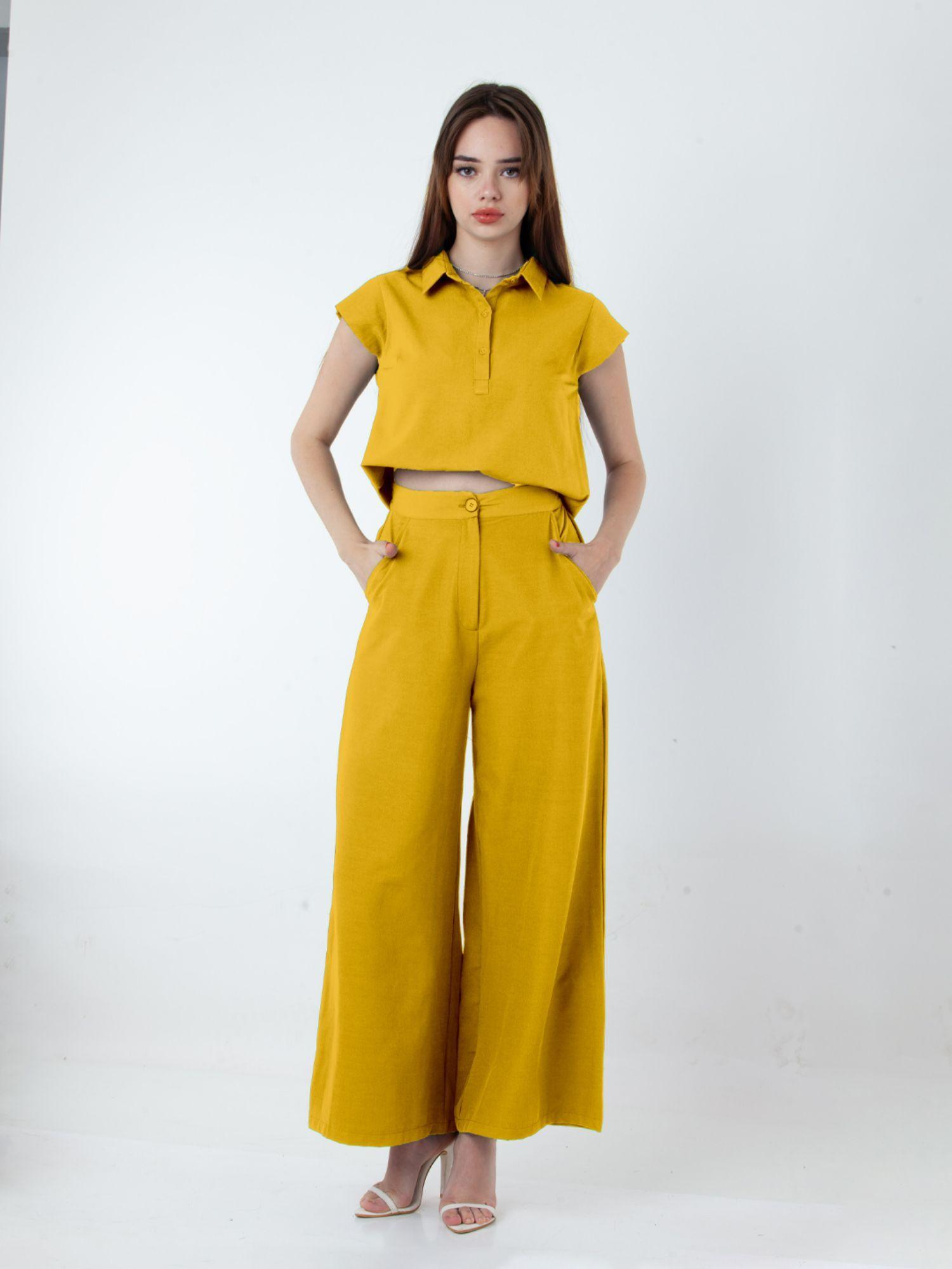 womens solid yellow wide leg co-ord (set of 2)