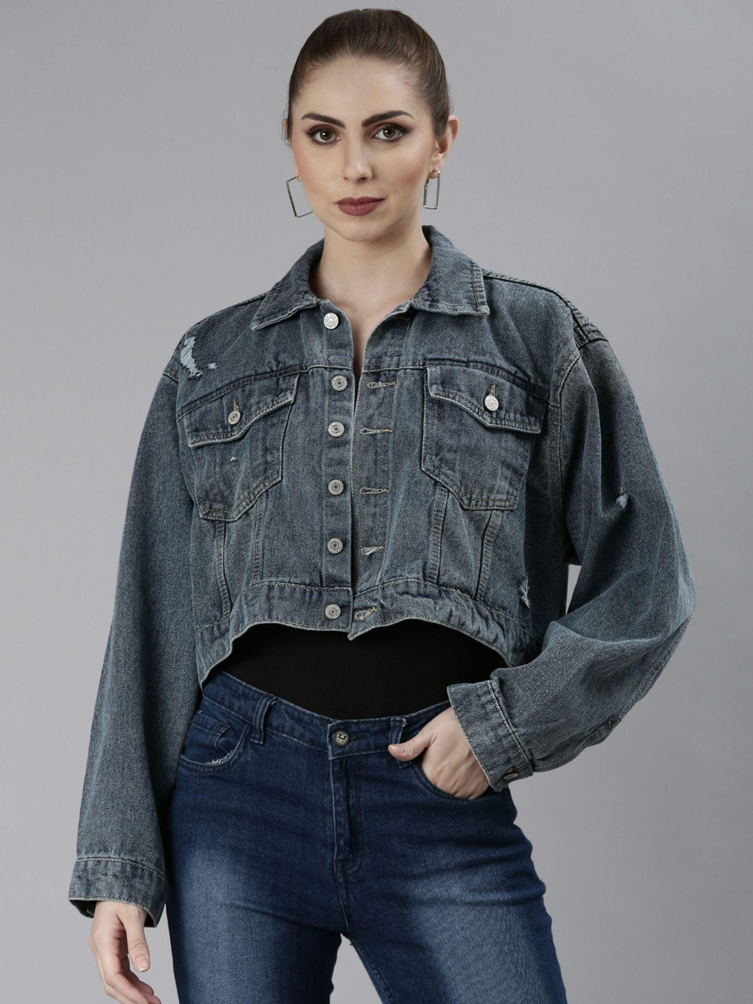 womens spread collar blue over sized solid crop denim jacket