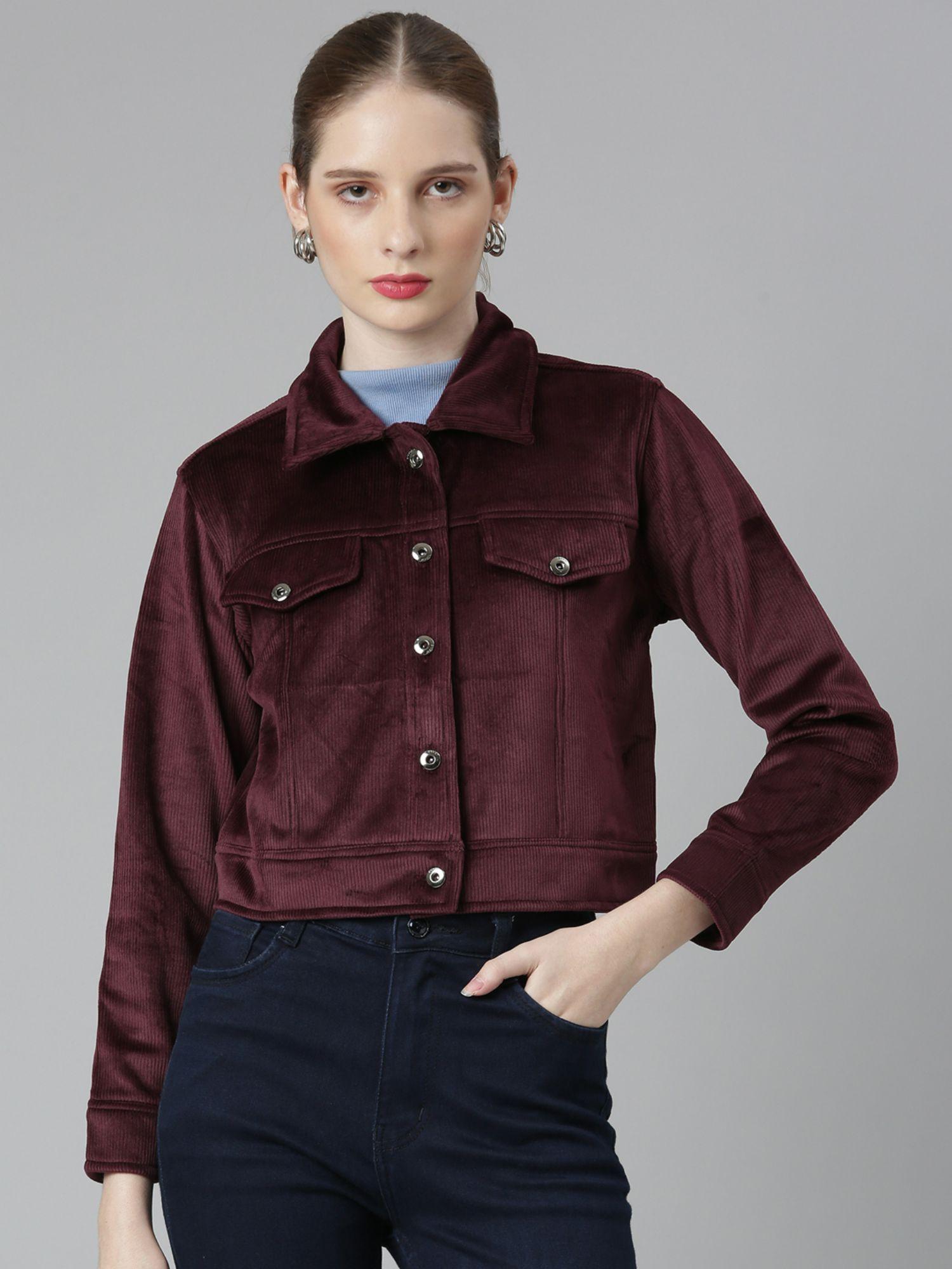 womens spread collar burgundy solid crop tailored jacket