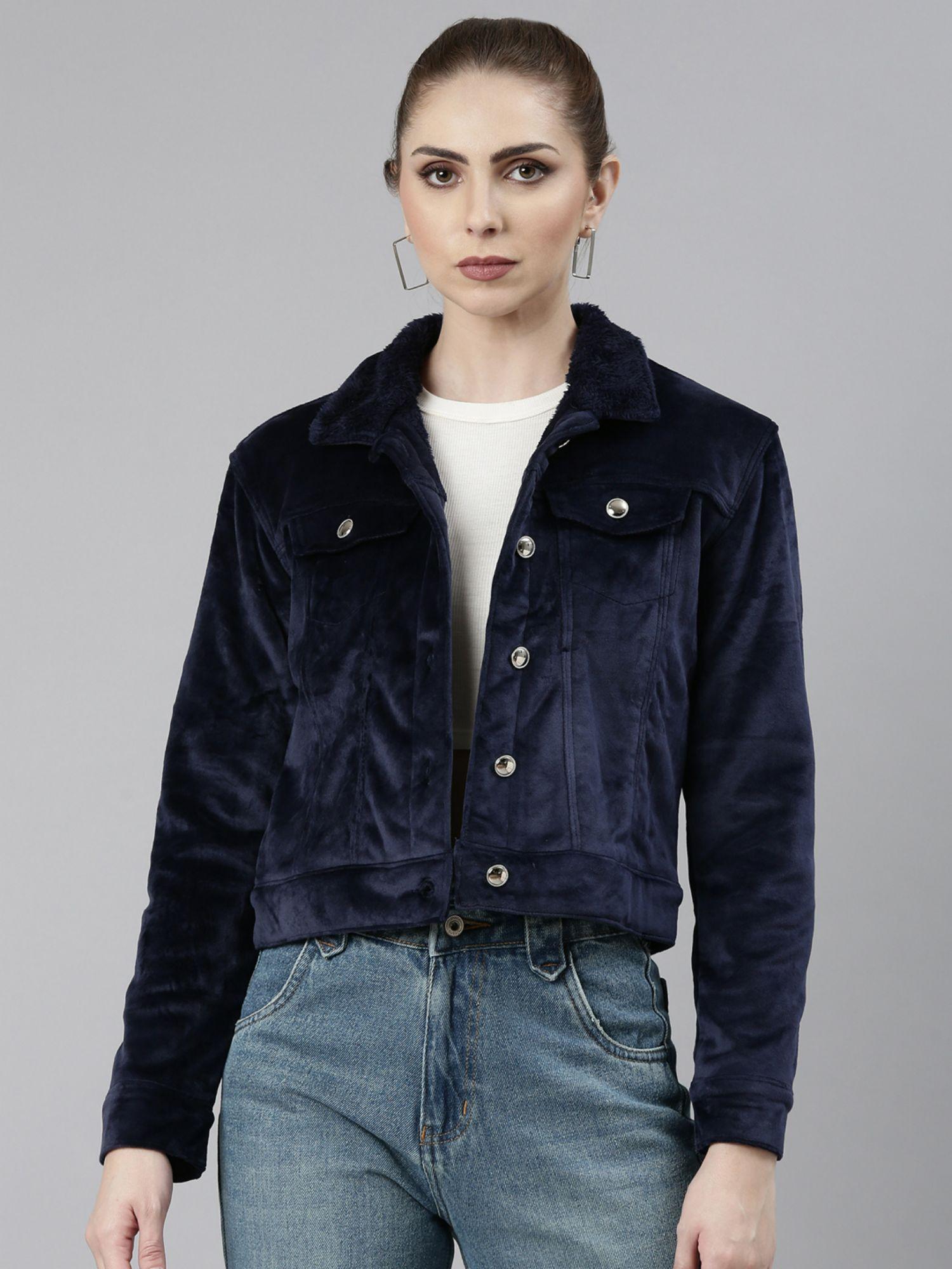 womens spread collar navy blue solid tailored jacket