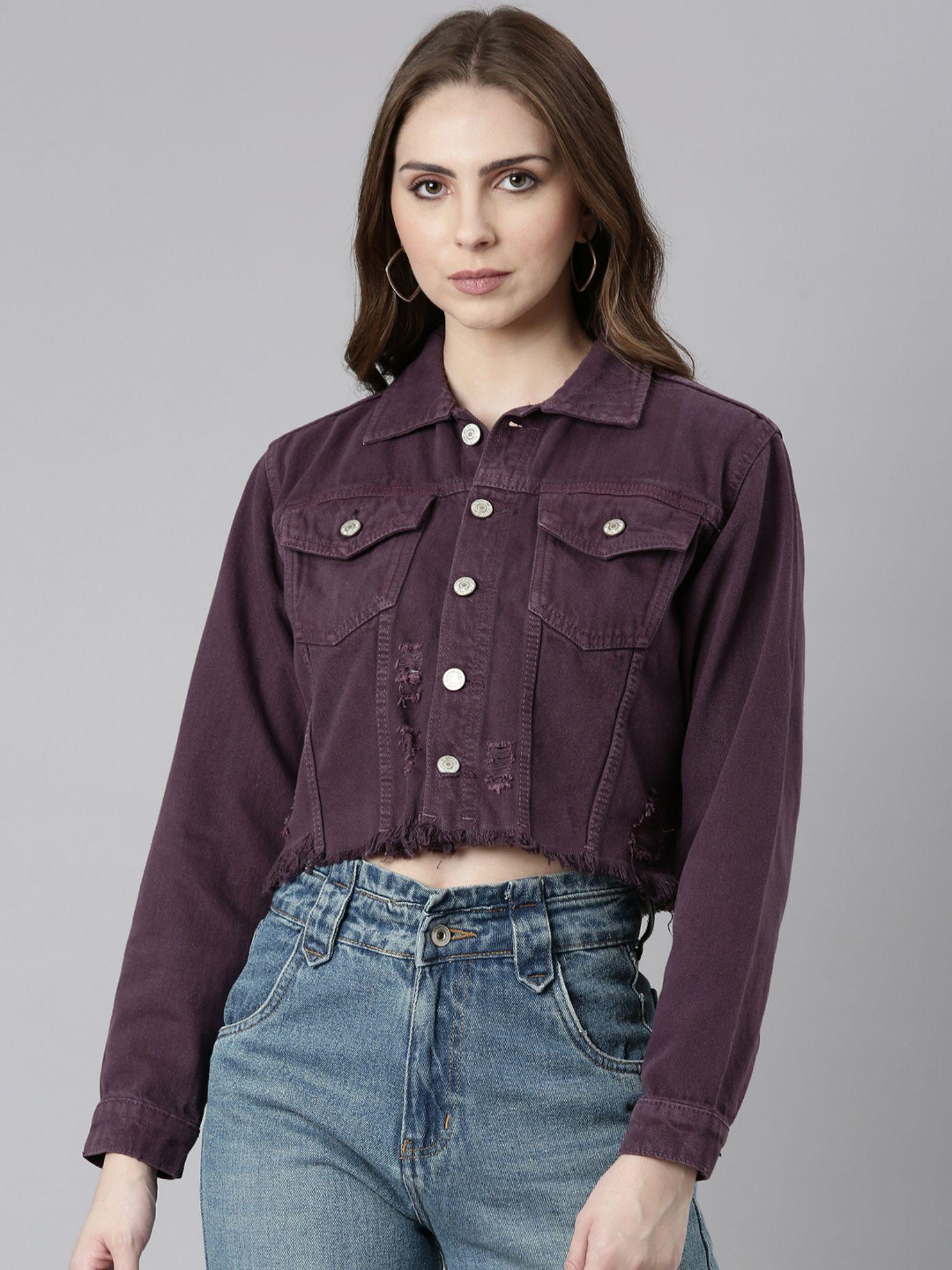 womens spread collar purple distressed solid crop denim jacket