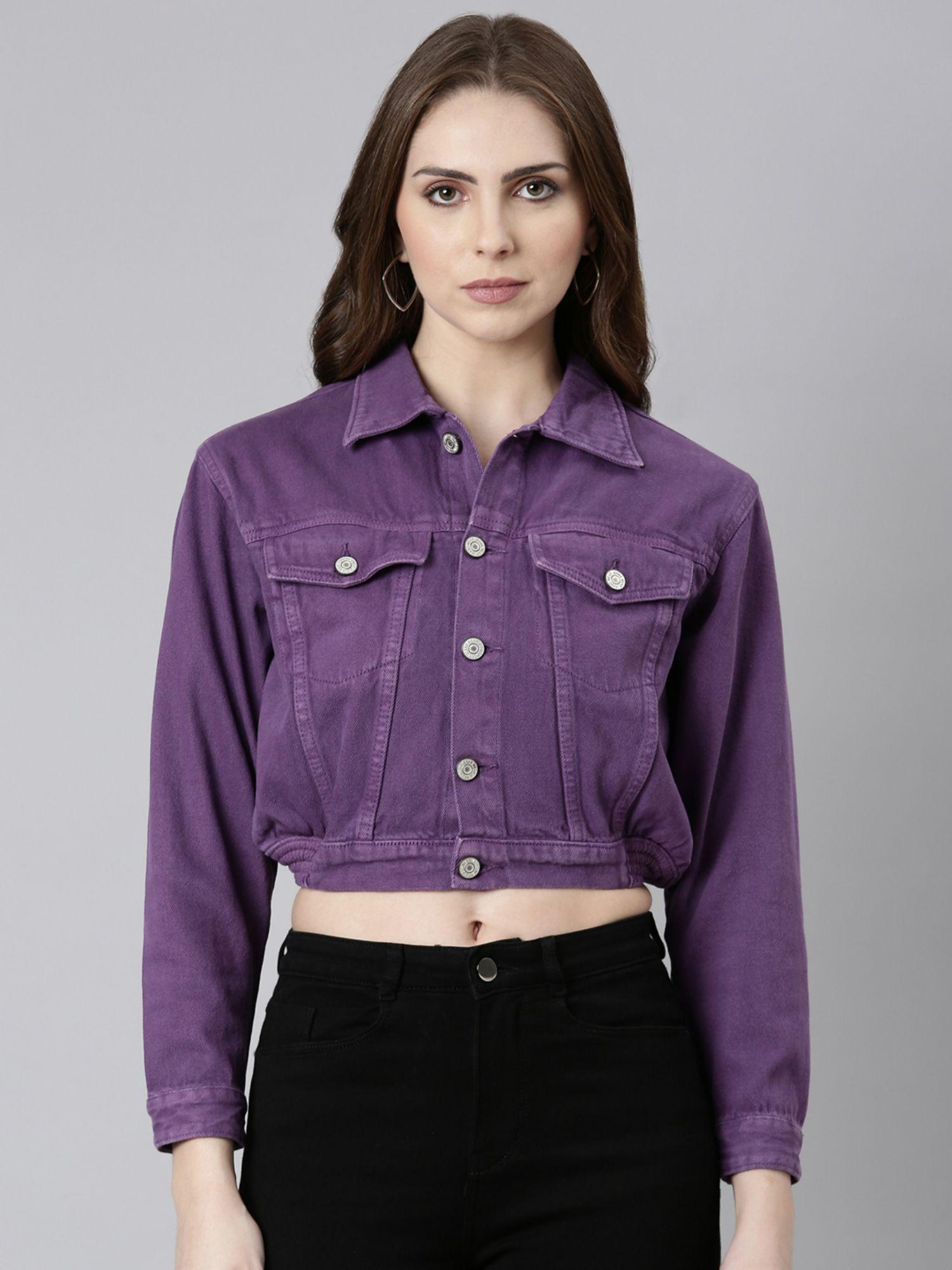 womens spread collar purple solid crop denim jacket