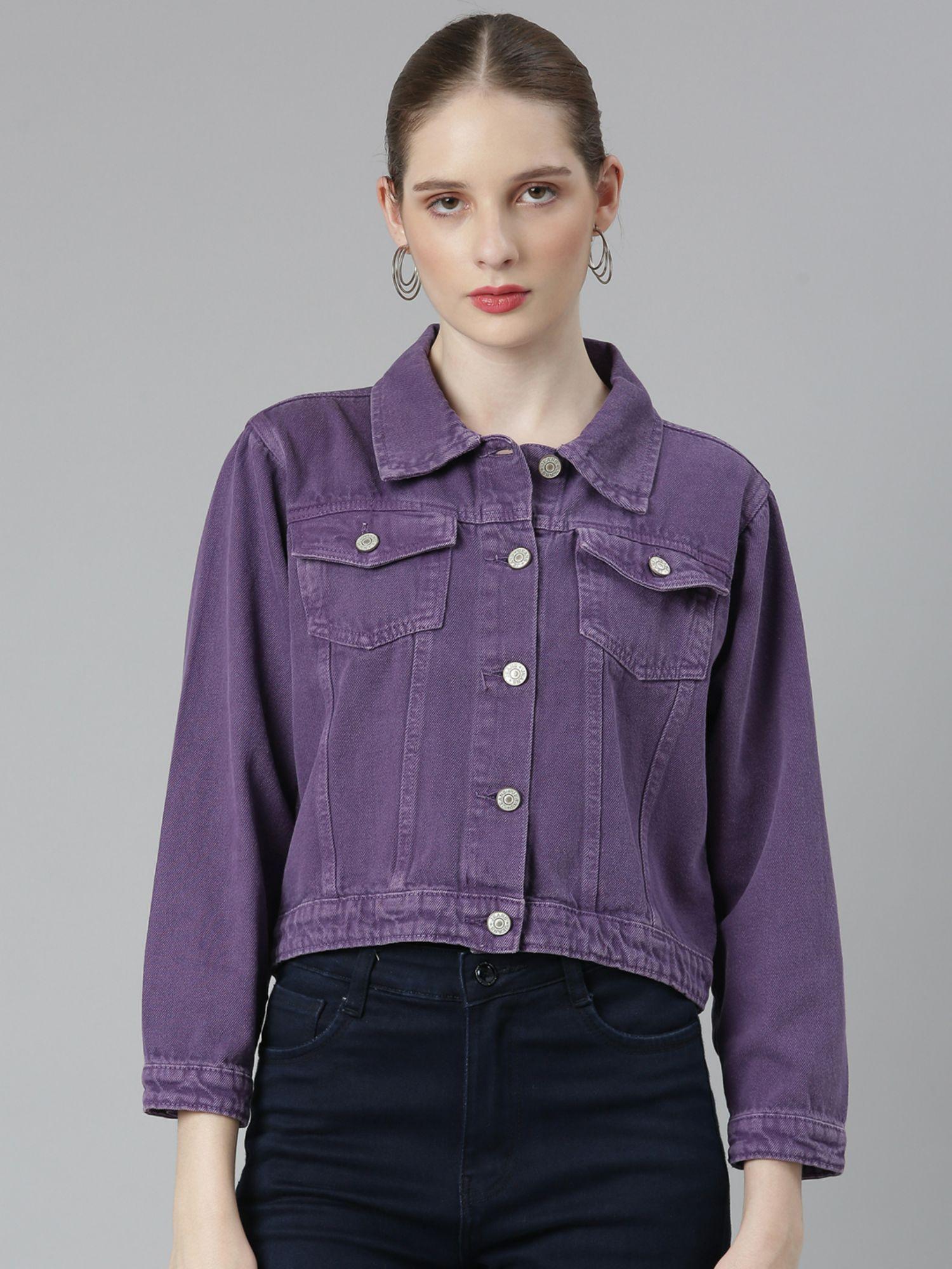 womens spread collar purple solid denim jacket