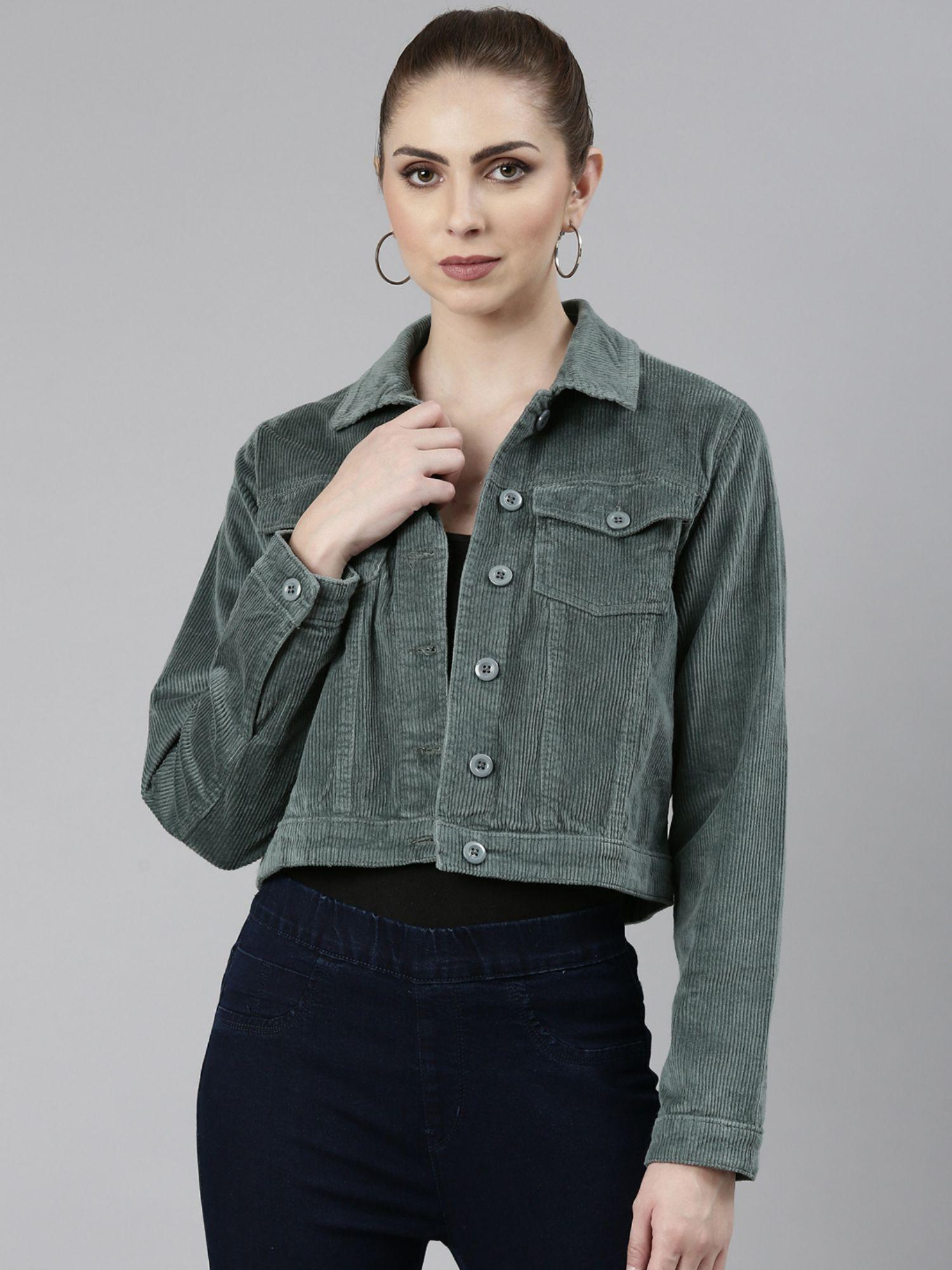 womens spread collar sea green solid tailored jacket