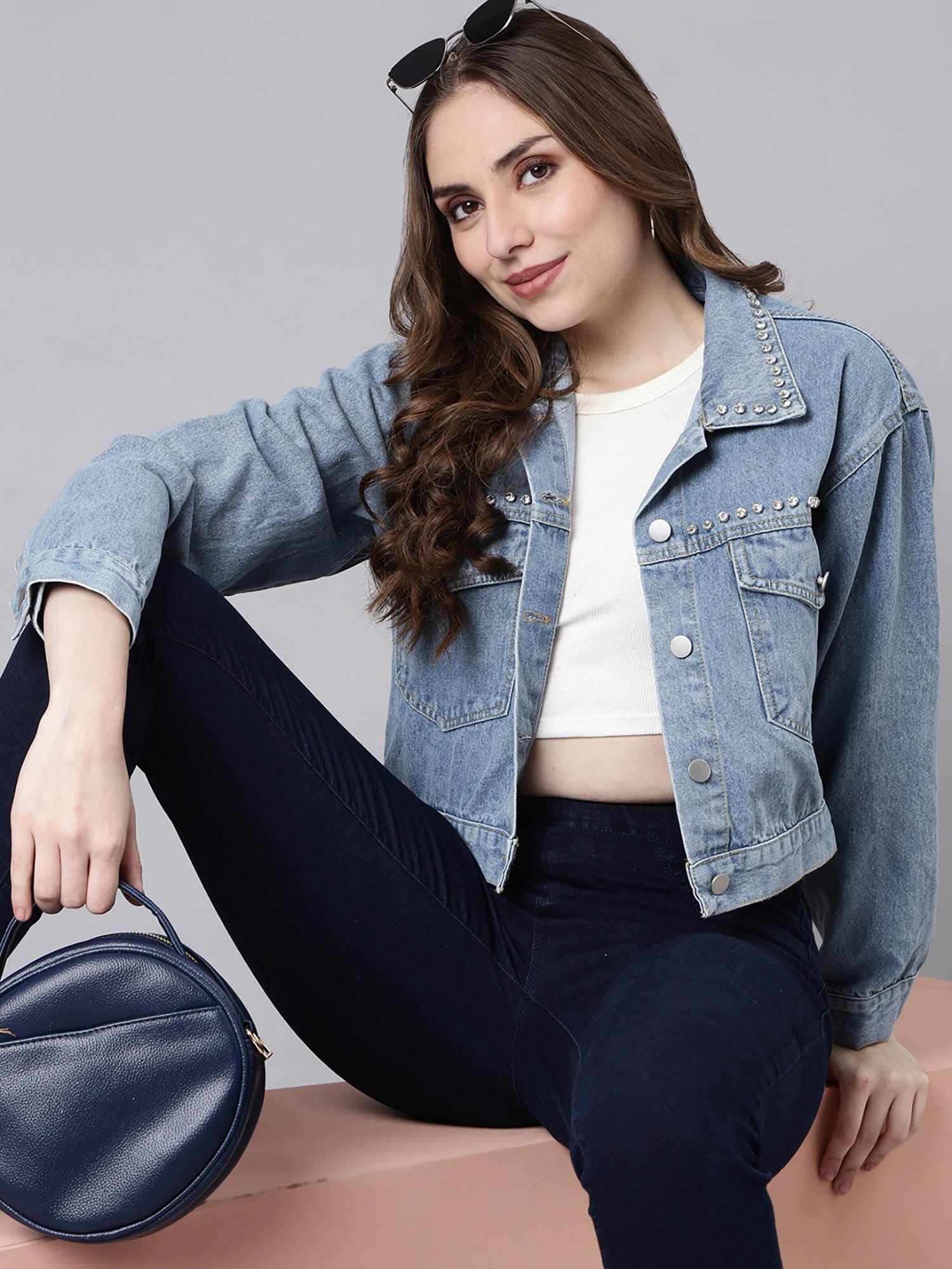 womens spread collar solid blue crop drop shoulder denim jacket