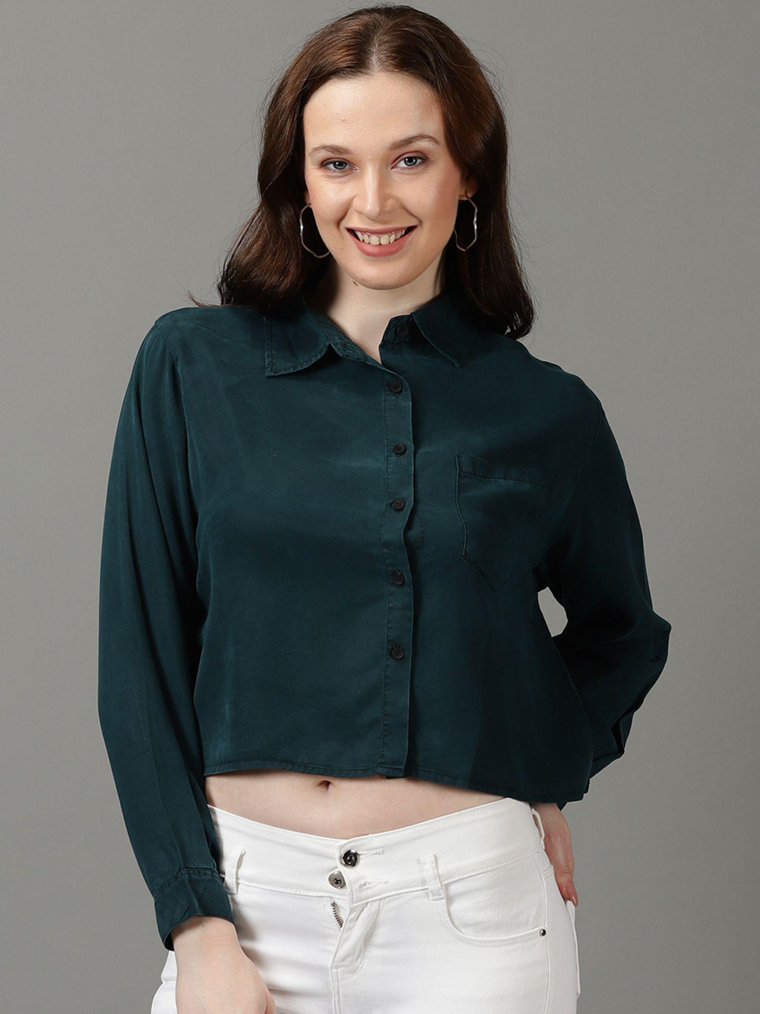 womens spread collar solid long sleeves teal shirt