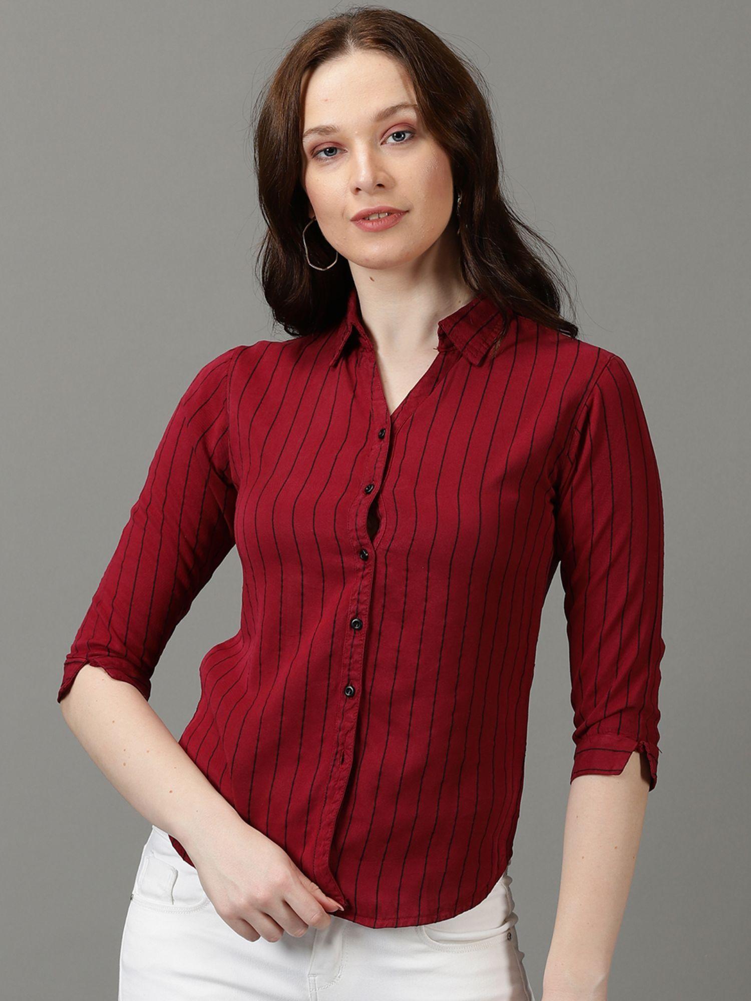 womens spread collar striped three-quarter sleeves magenta shirt