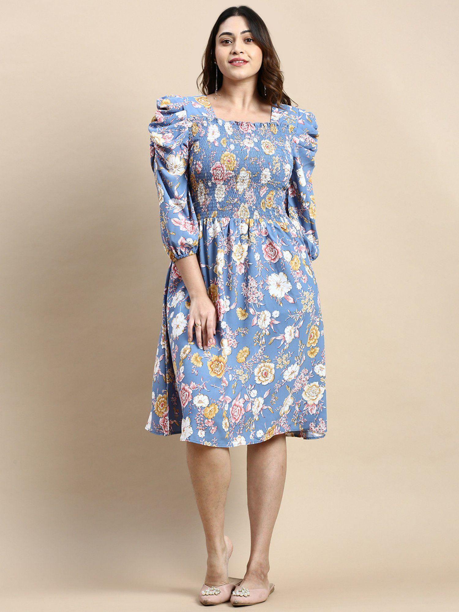 womens square neck blue floral fit and flare dress