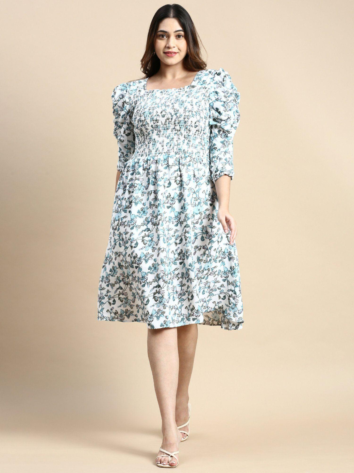 womens square neck blue floral fit and flare dress