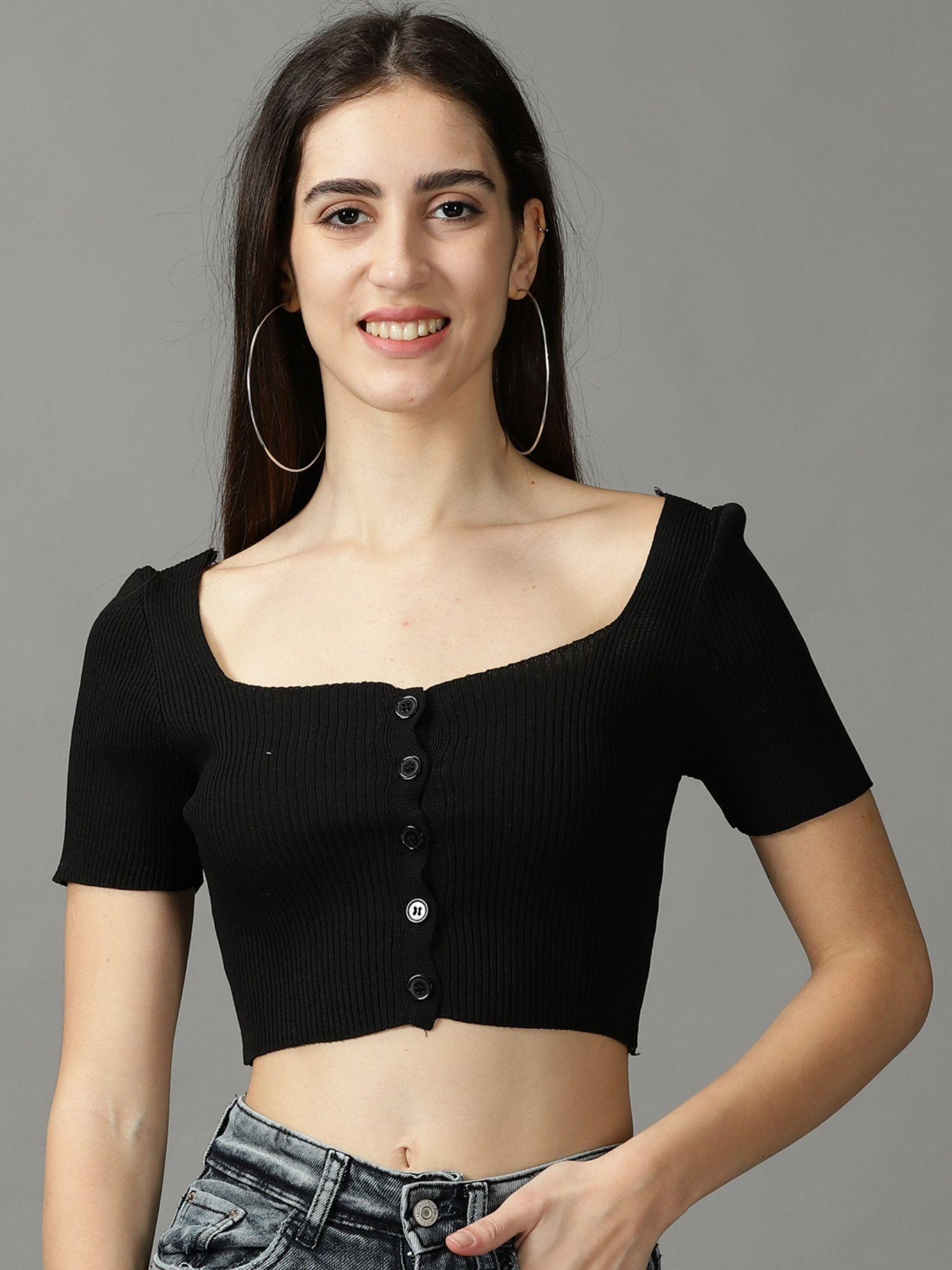 womens square neck fitted solid black crop top