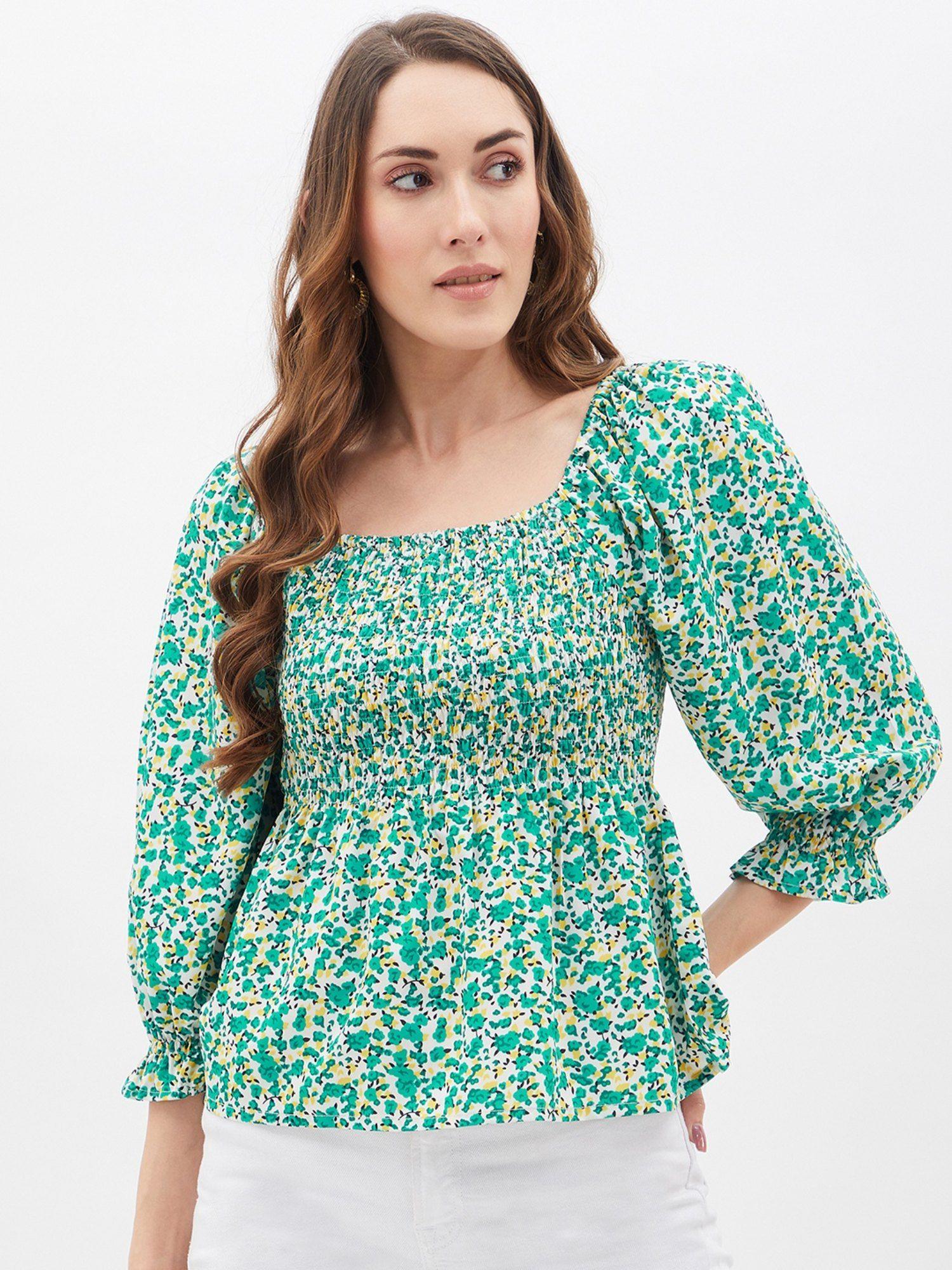 womens square neck green floral print smoked top