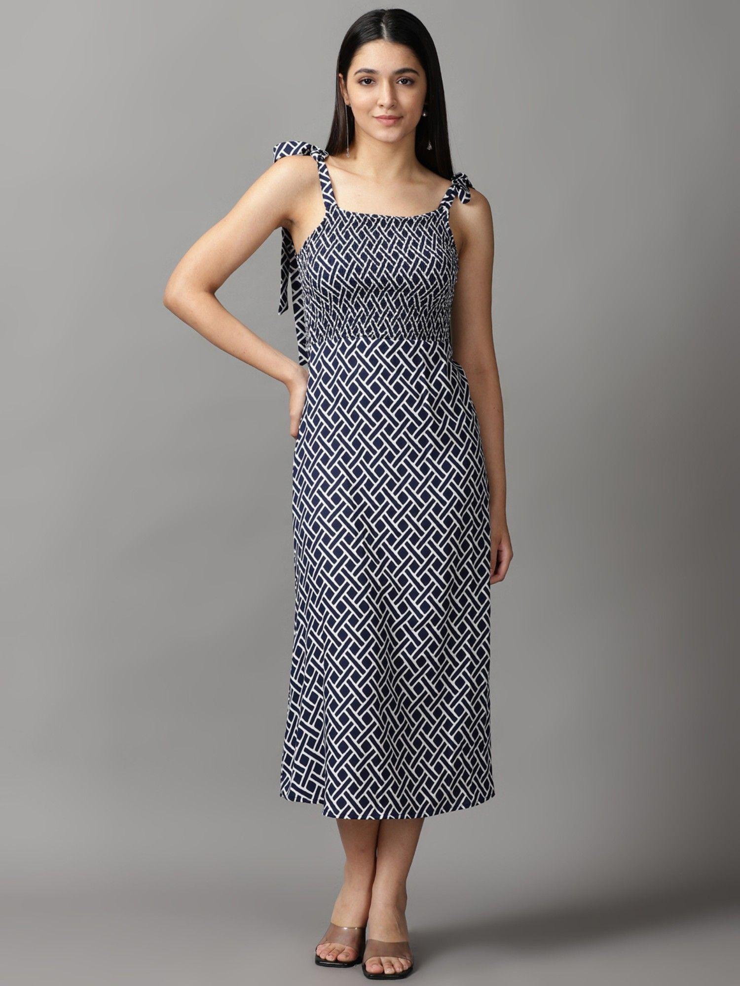 womens square neck midi navy blue printed dress