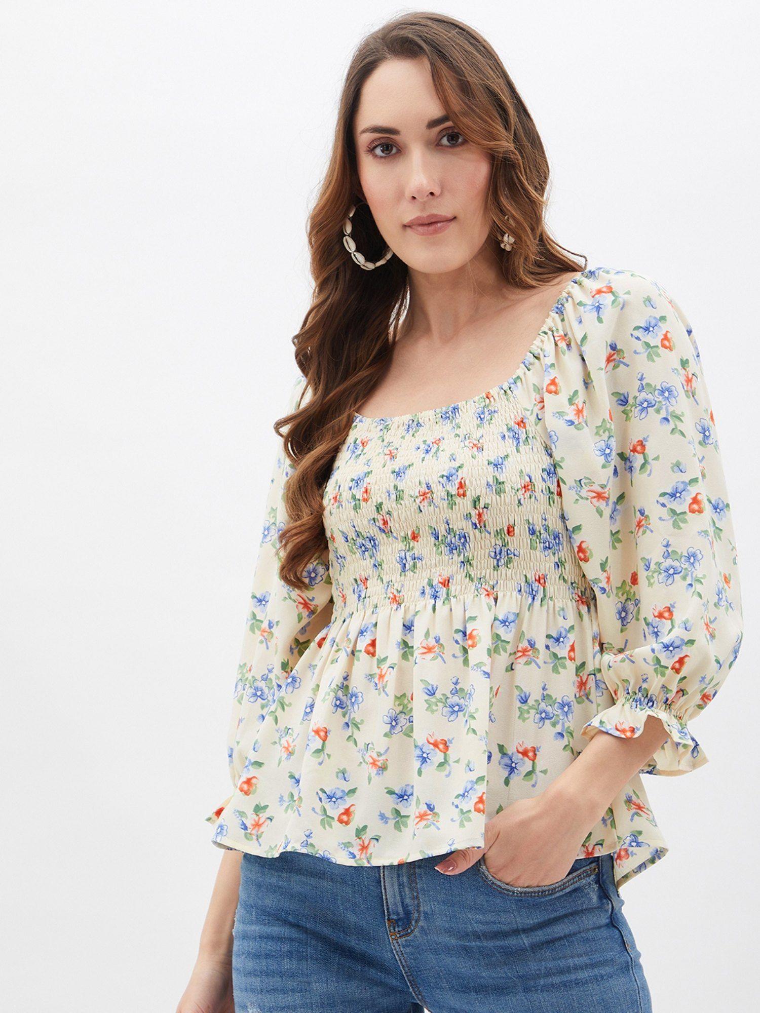 womens square neck off white floral print smoked top