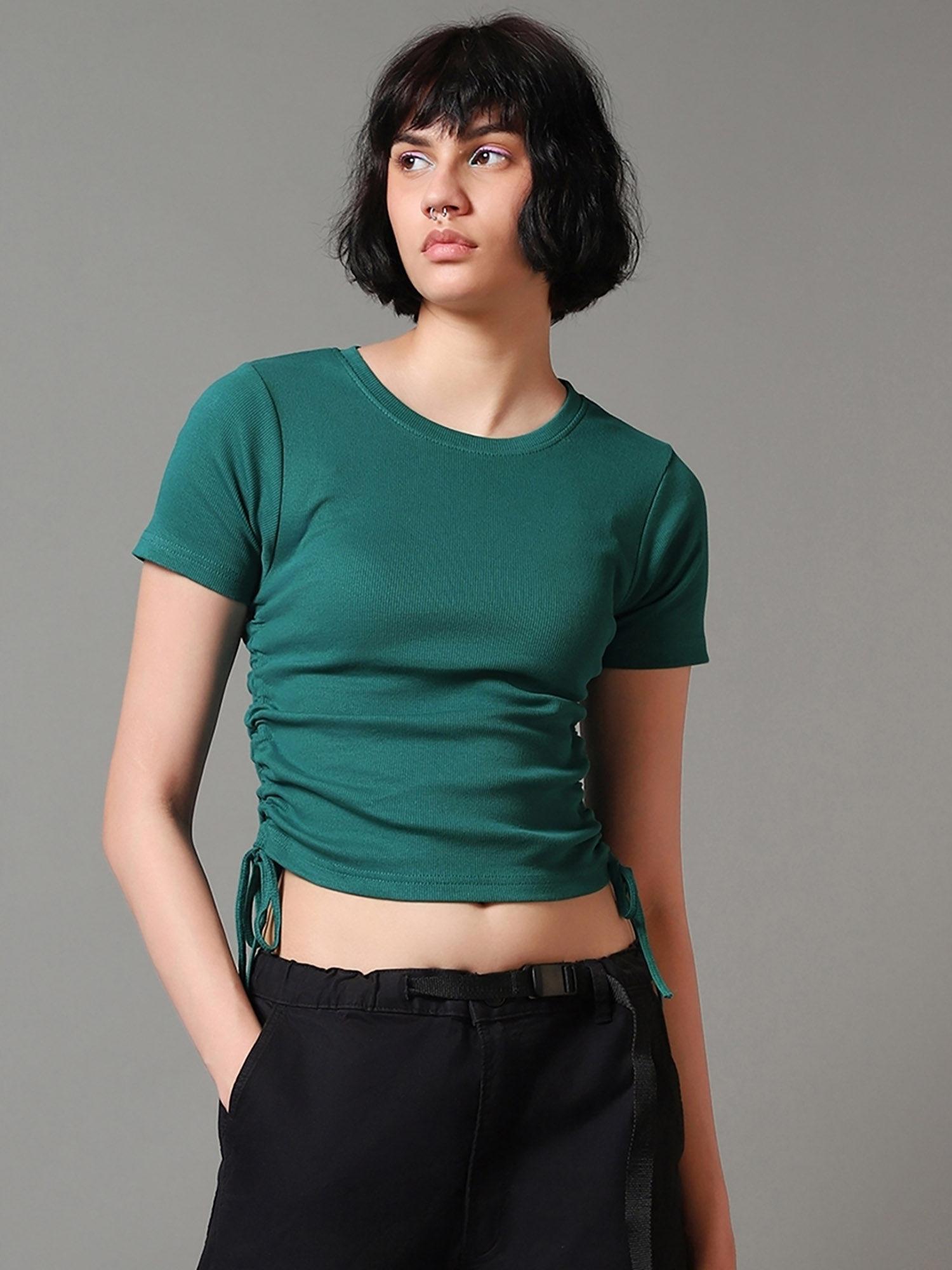 womens storm teal side gather slim fit crop top