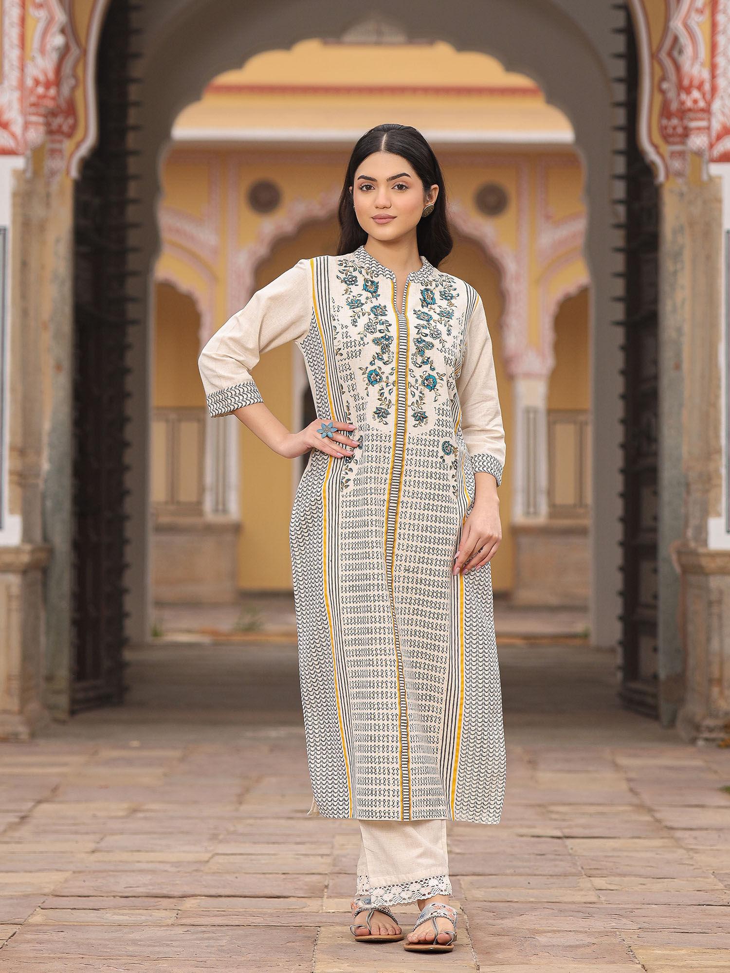 womens straight blue kurta printed with dabka & embellished work