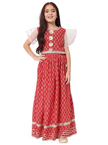 womens straight cotton fabric red color printed lehenga choli-(6-7y)