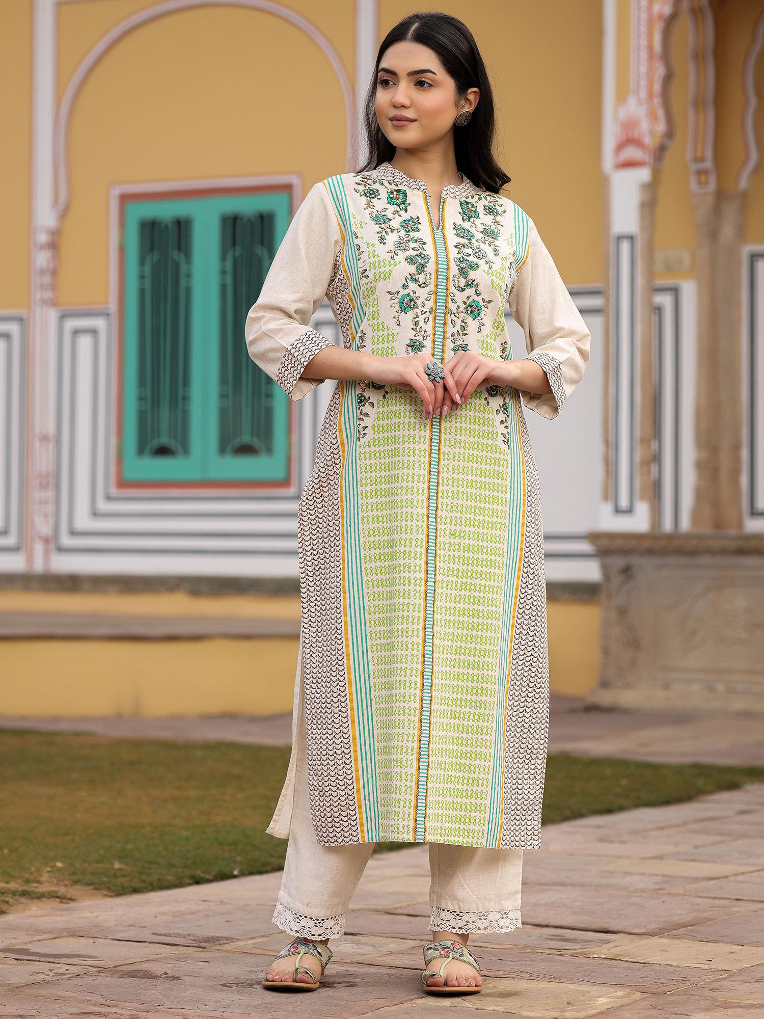 womens straight green kurta printed with dabka & embellished work