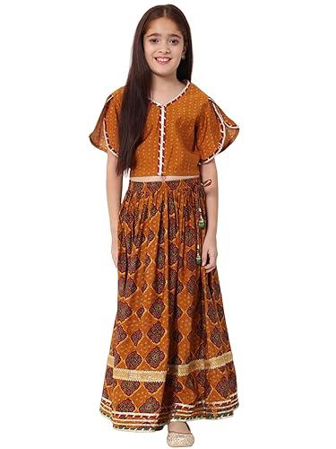 womens straight silk fabric mustard color printed choli and lehenga -(8-9y)