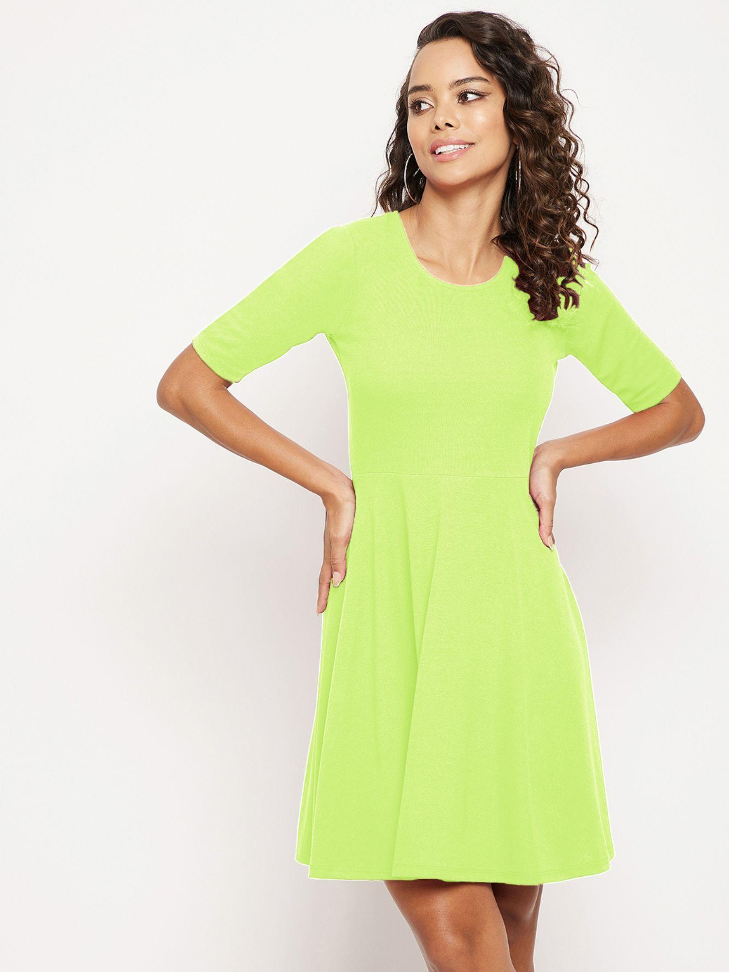 womens stretchable solid fit & flare skater dress green