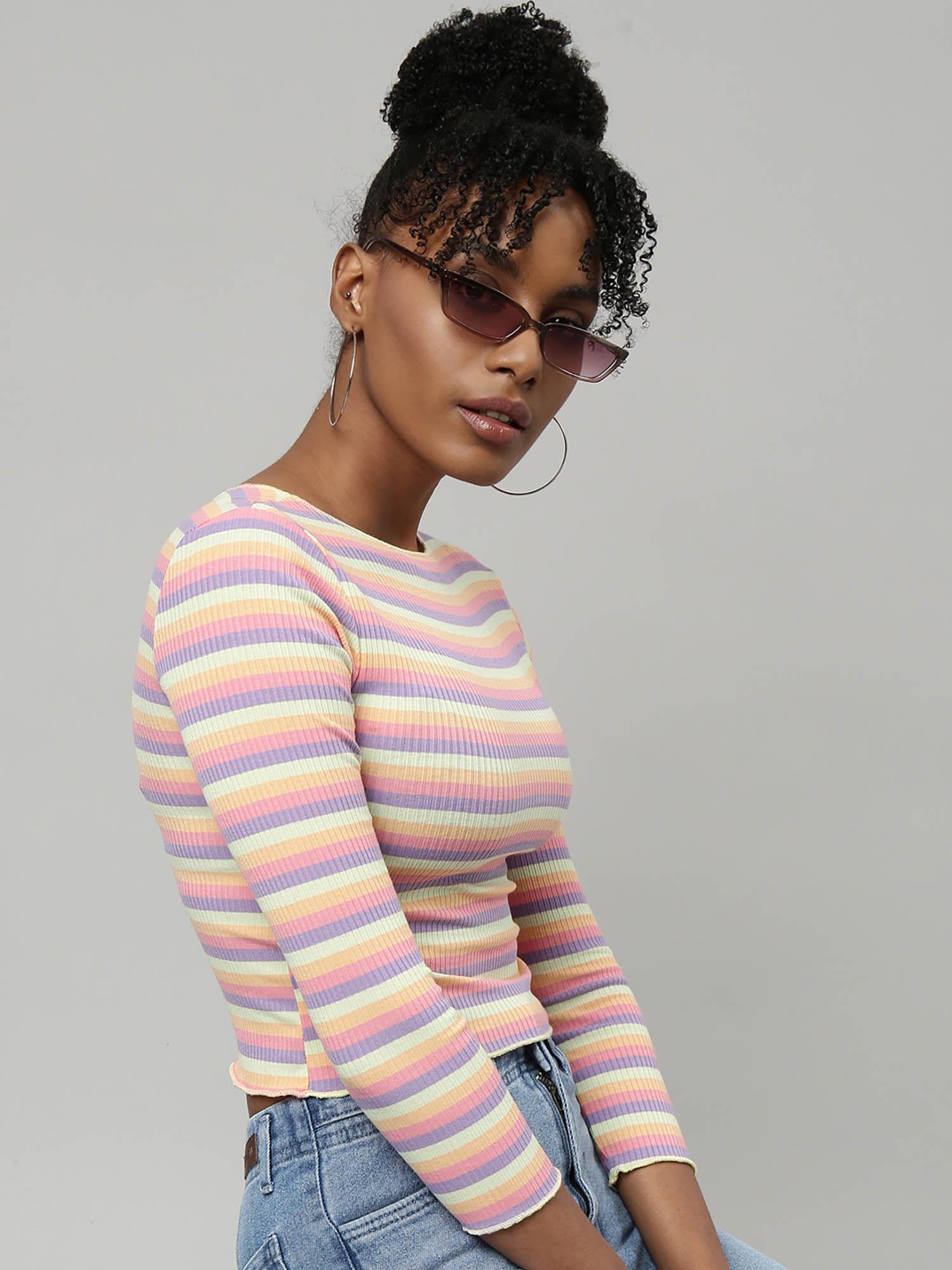 womens striped boat neck multi fitted crop top