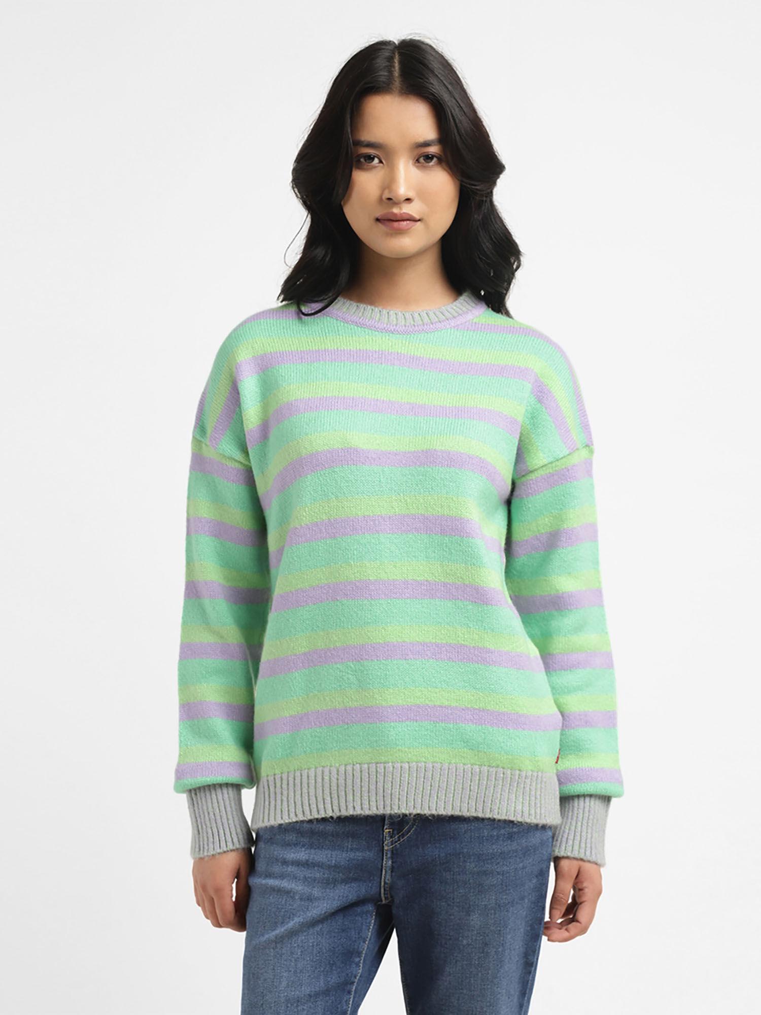 womens striped green crew neck sweater