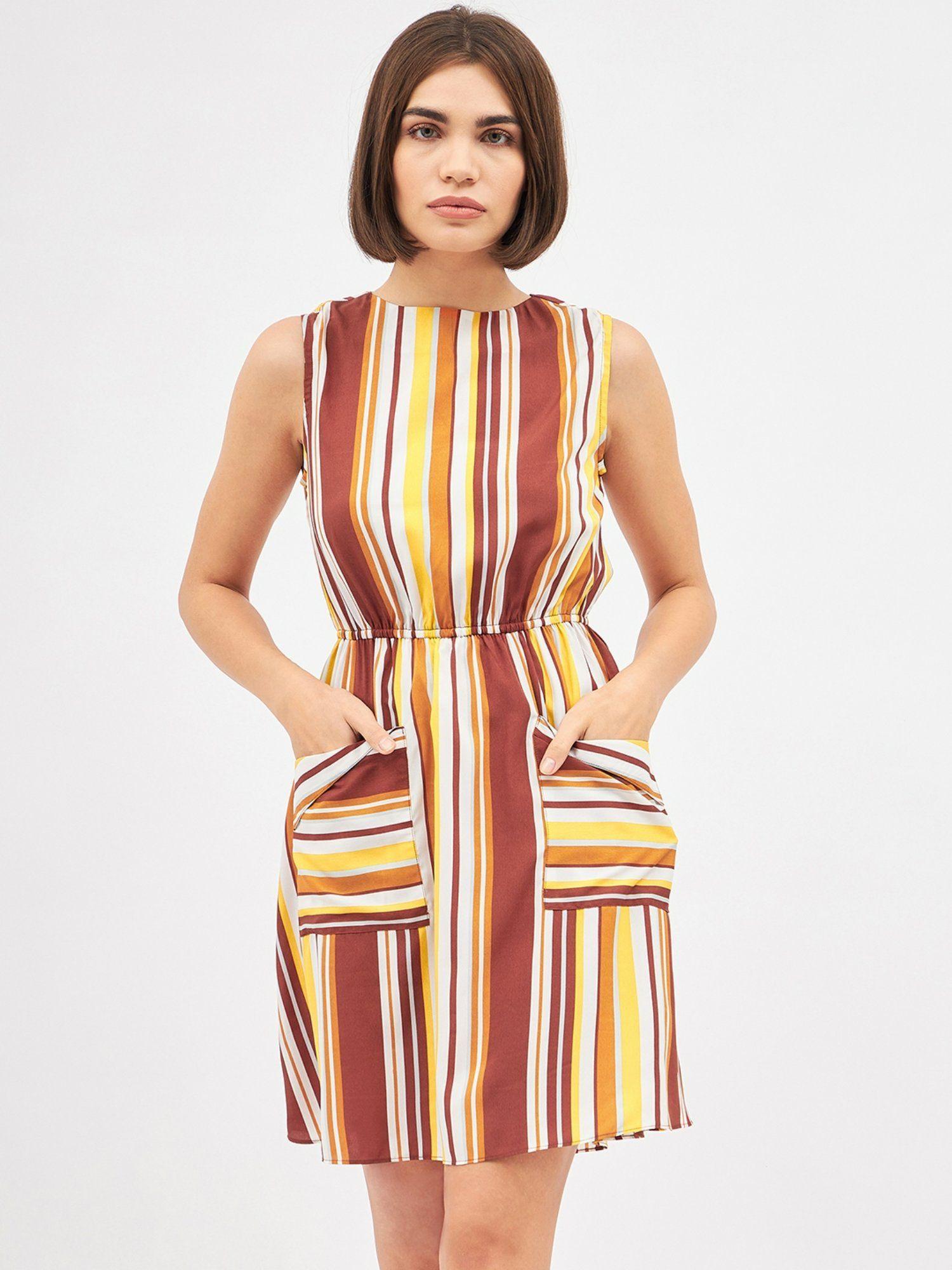 womens striped multi-colored pocket a-line dress