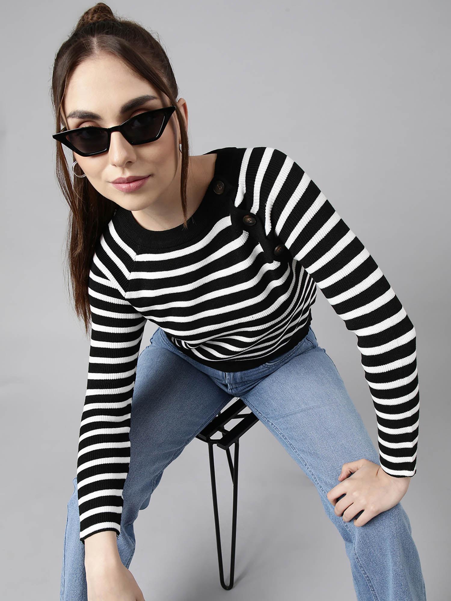 womens striped round neck black fitted top