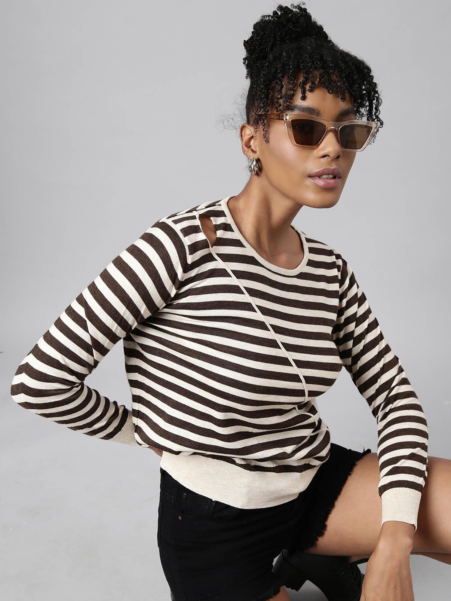 womens striped round neck brown fitted top