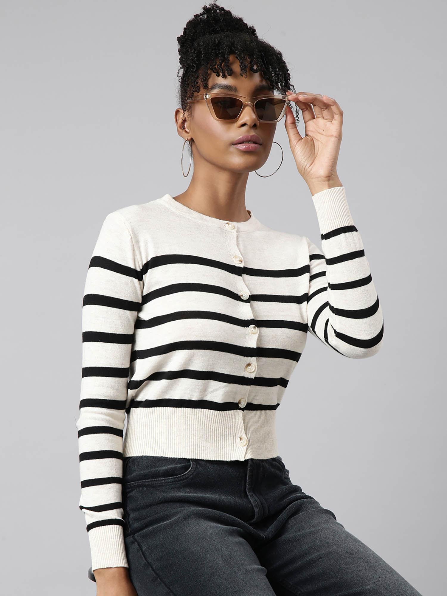 womens striped round neck cream boxy top