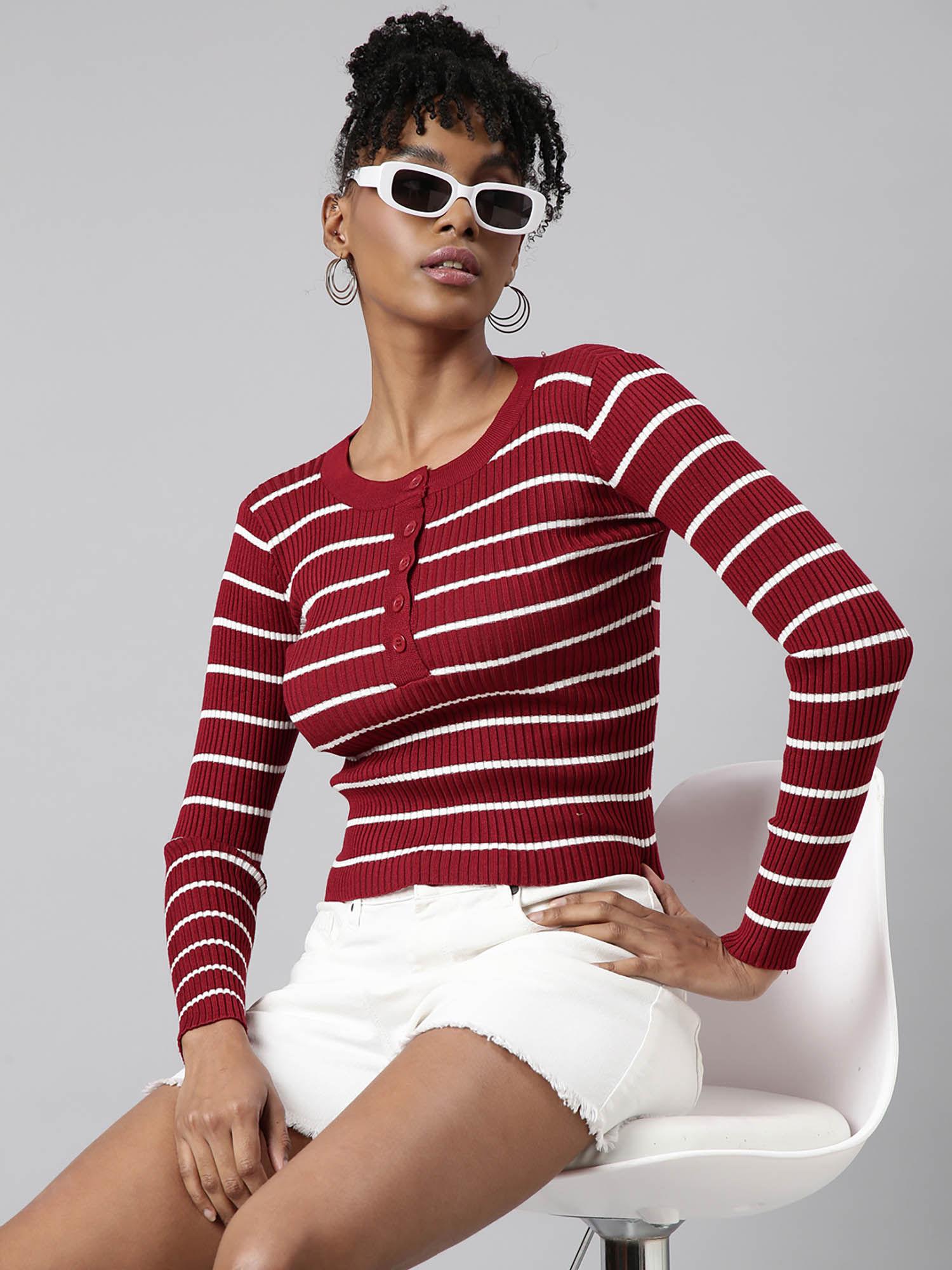 womens striped round neck maroon fitted top