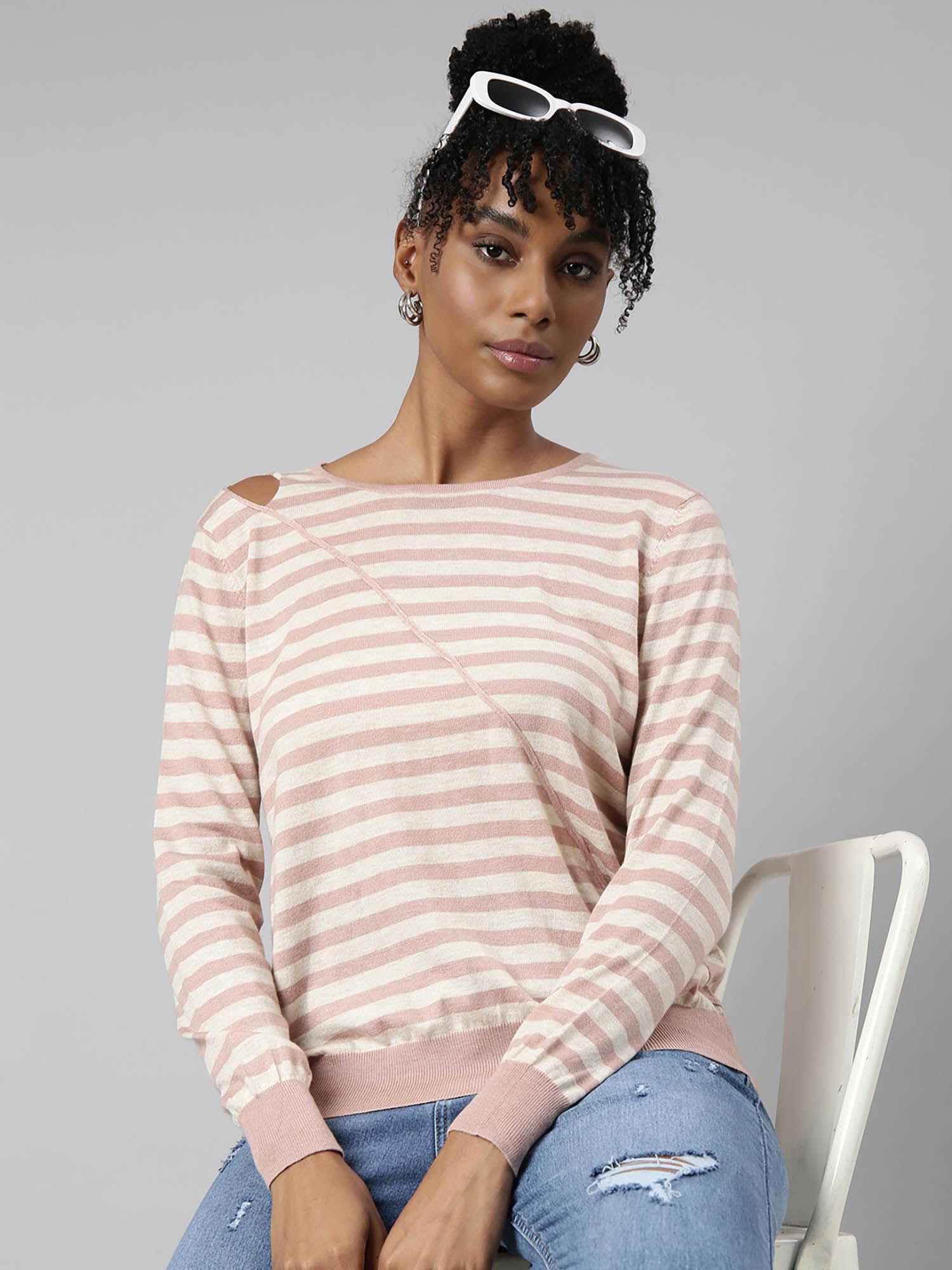 womens striped round neck pink fitted top