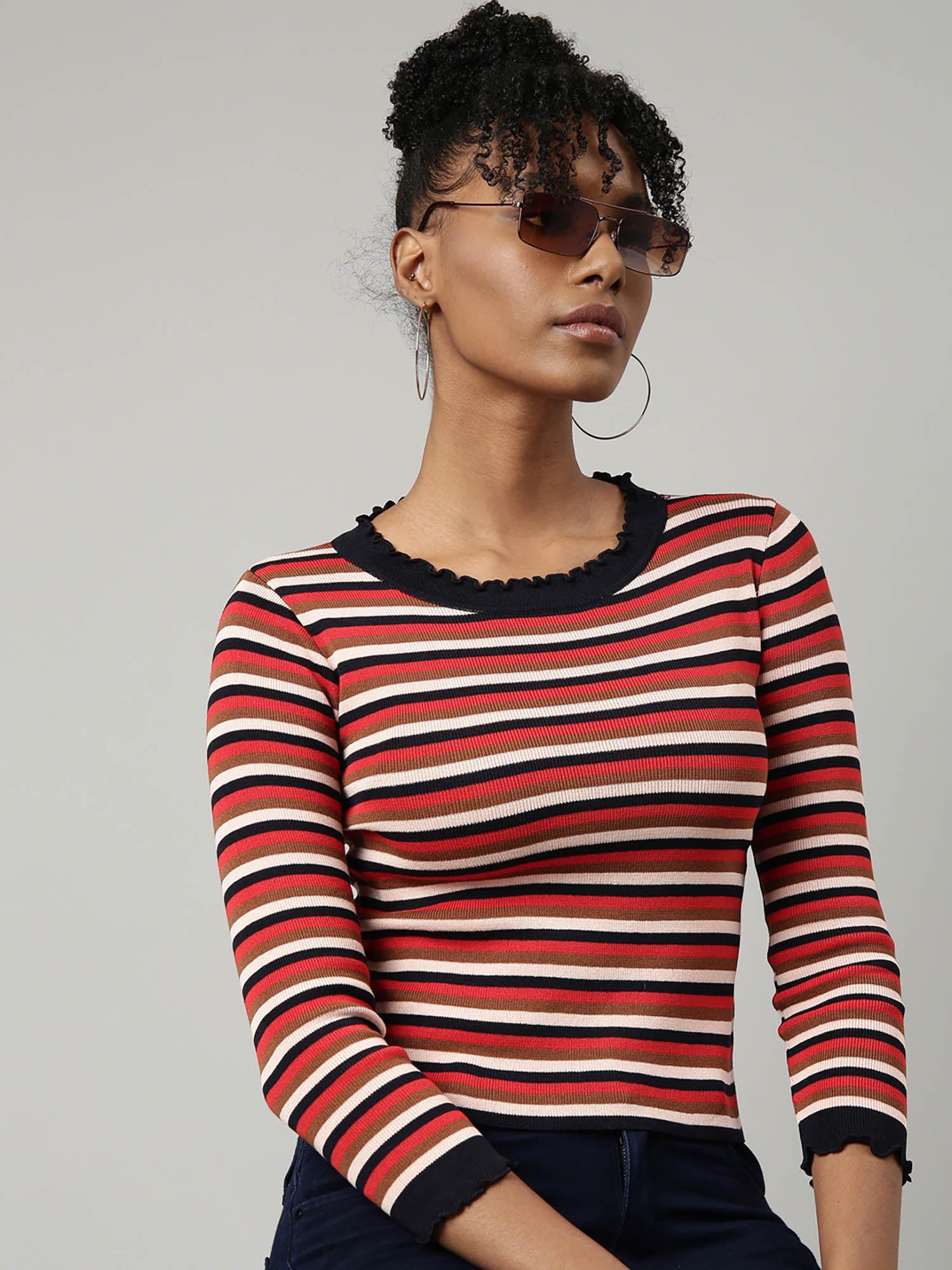 womens striped round neck red multi fitted top