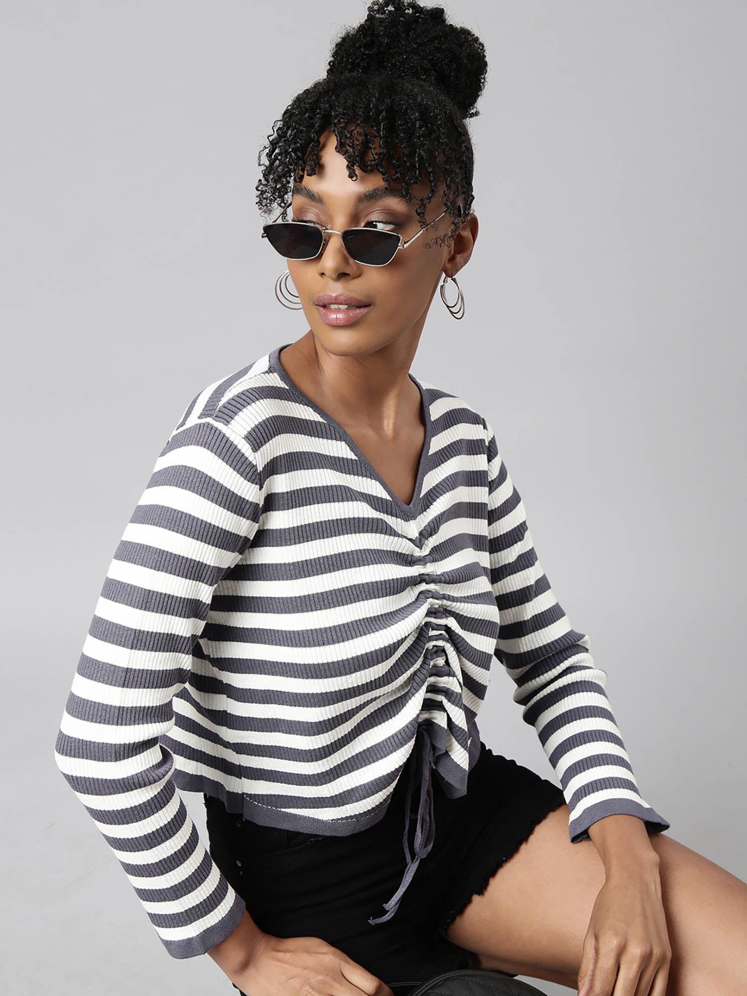 womens striped v-neck grey fitted ruched top