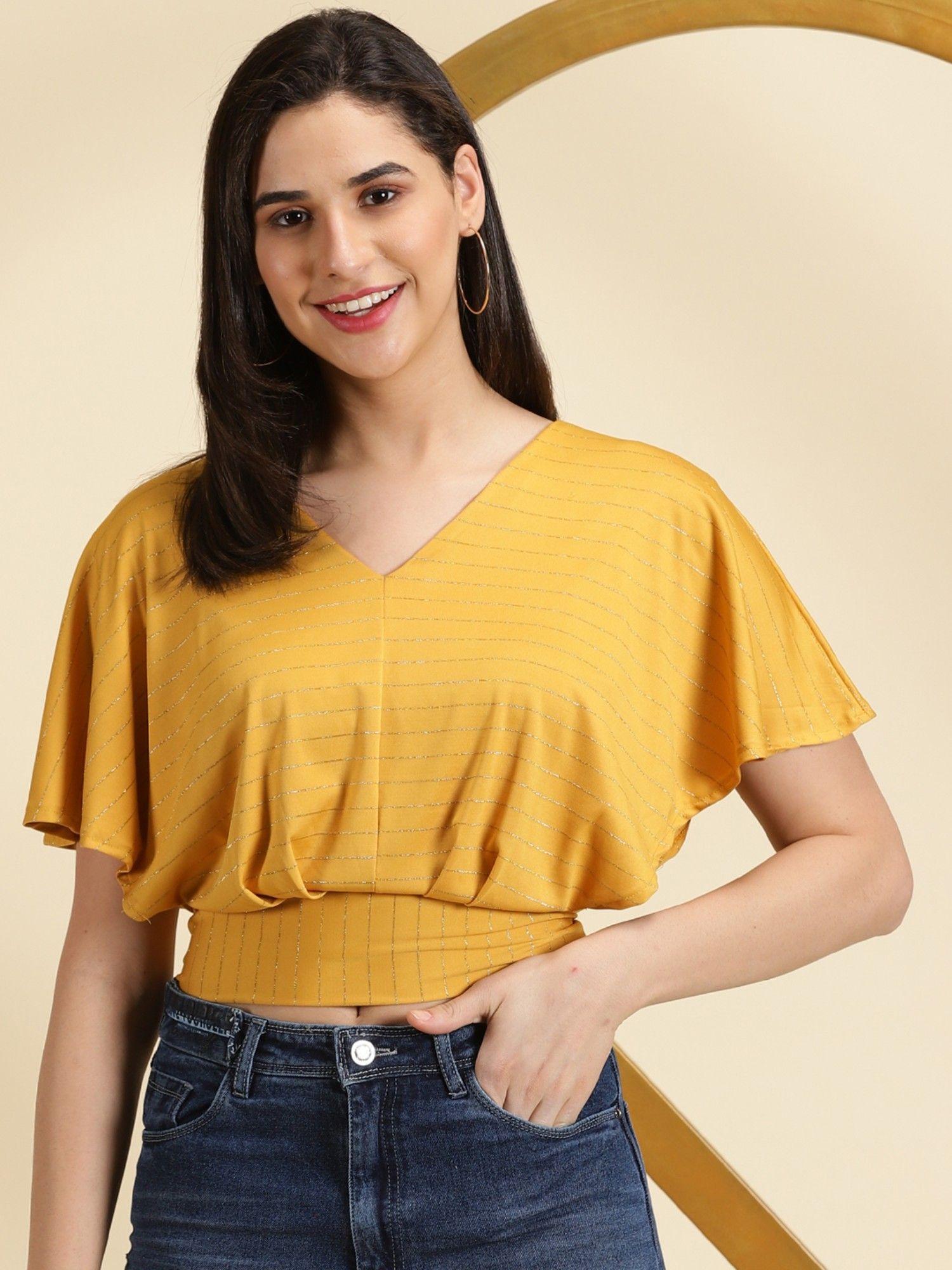 womens striped v-neck mustard blouson crop top