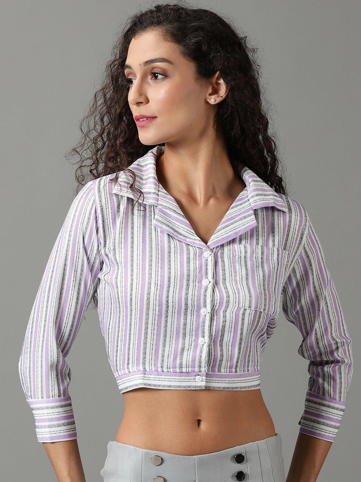 womens striped white shirt style crop top