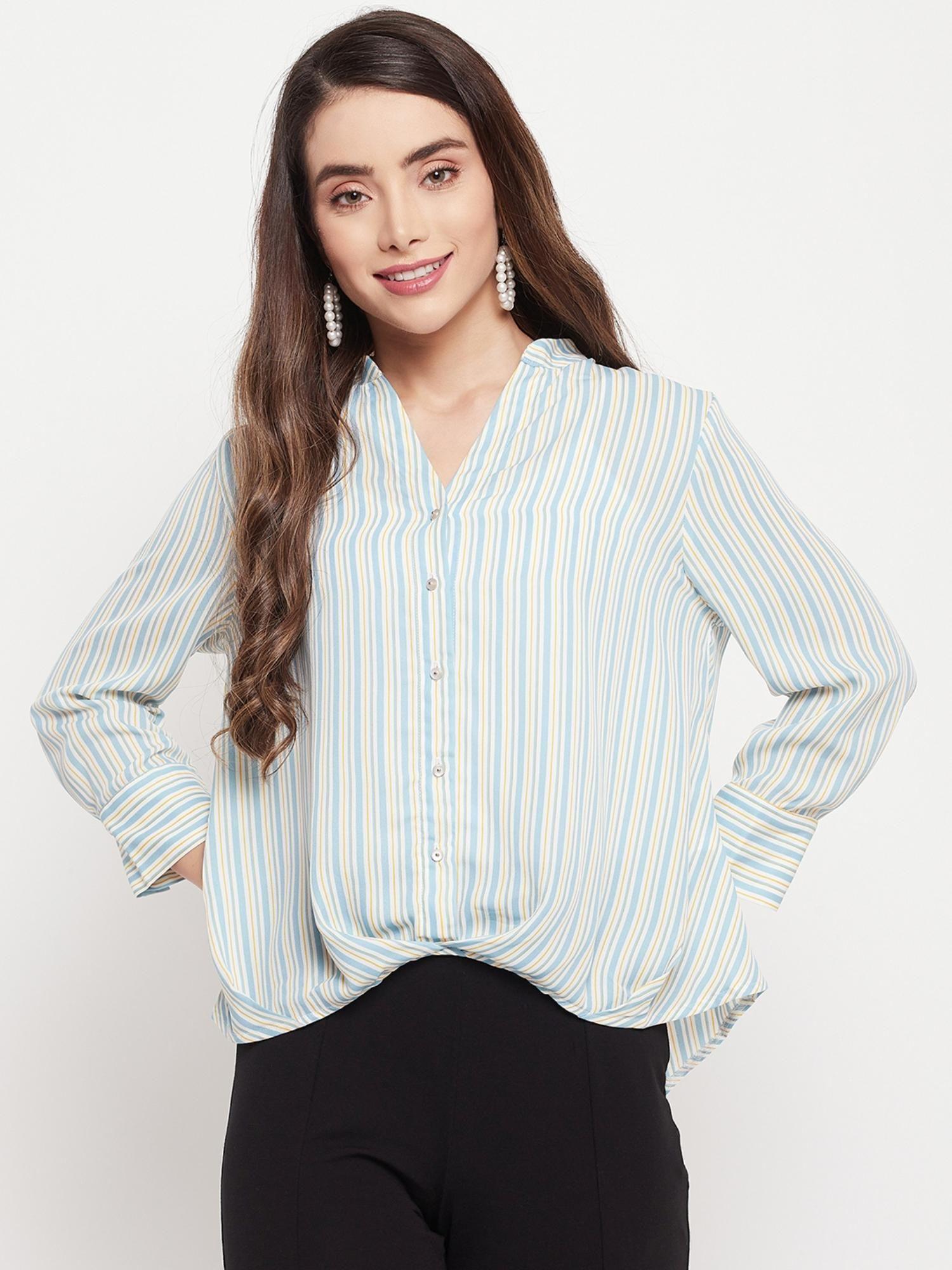 womens stripes aqua crepe shirt