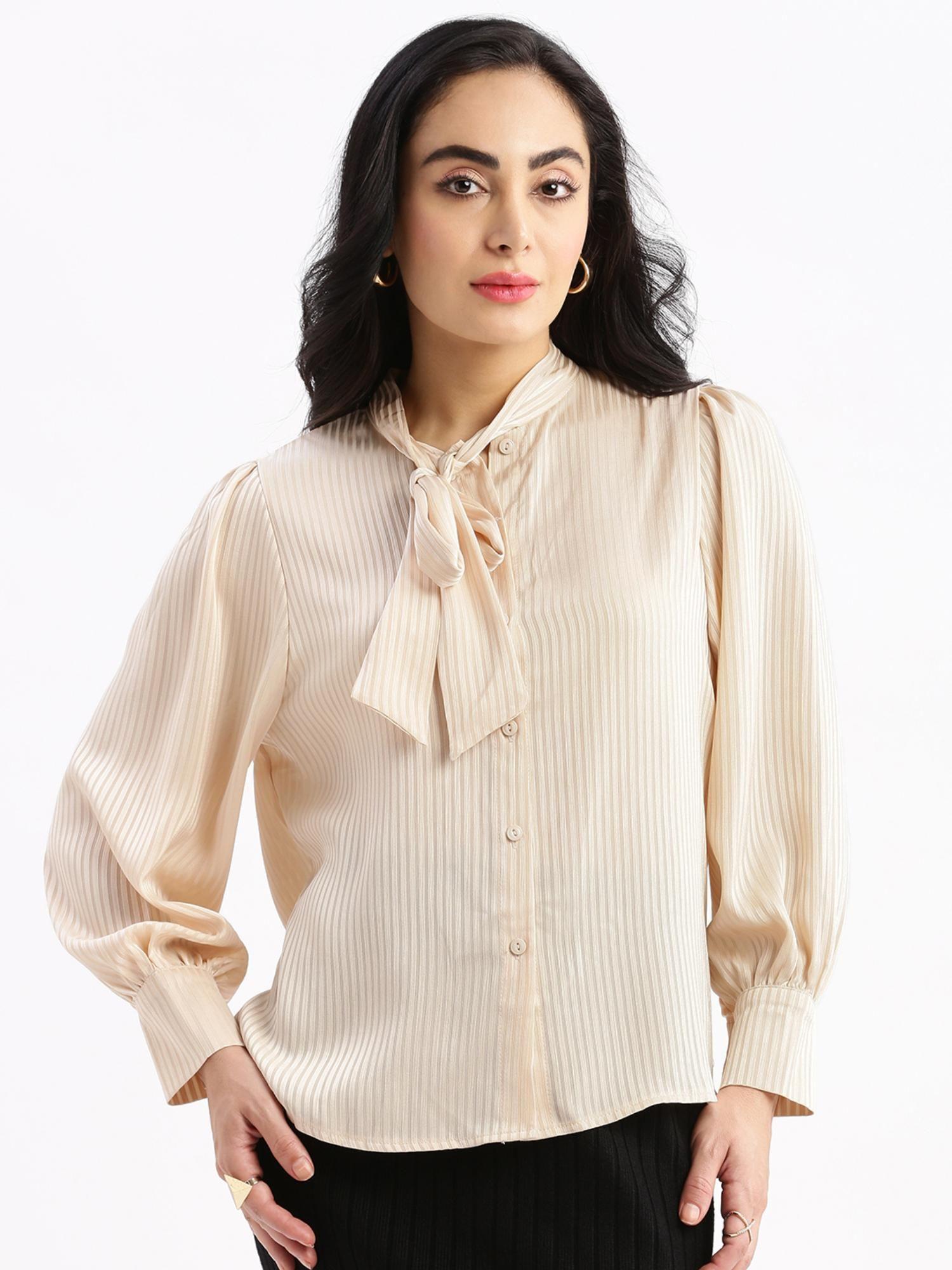 womens stripes mandarin collar cream shirt