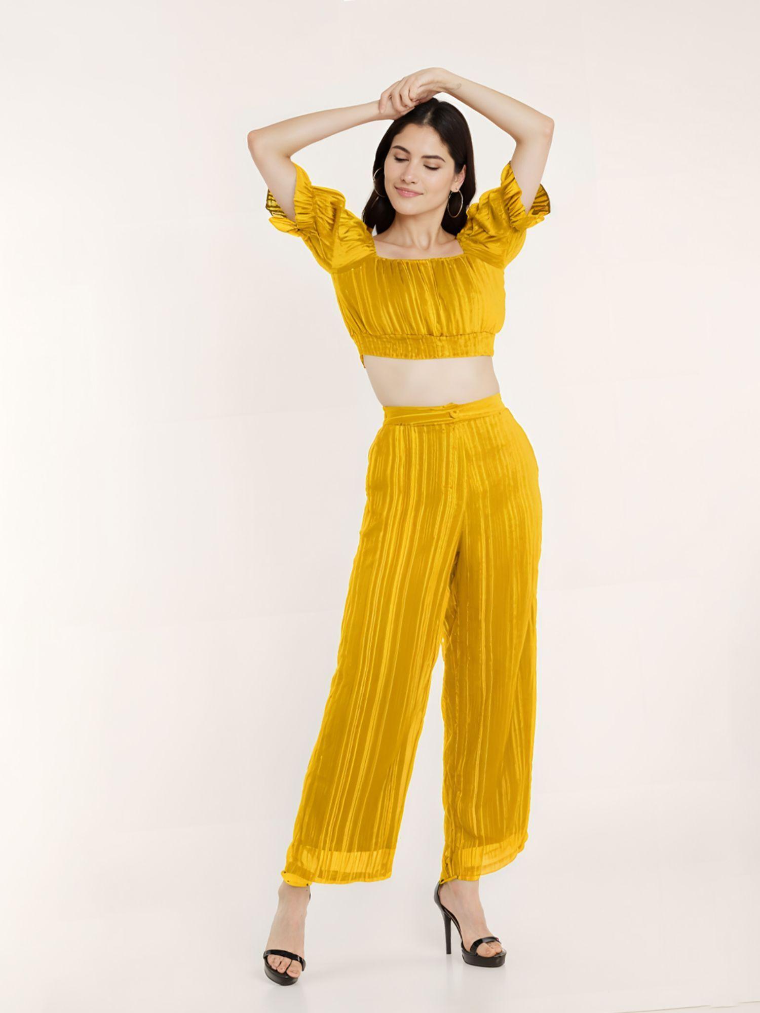 womens stripes yellow cropped co-ord (set of 2)