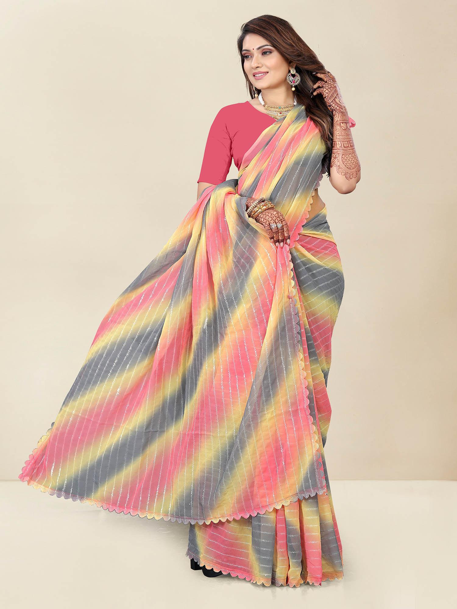 womens stylish printed saree with unstitched blouse