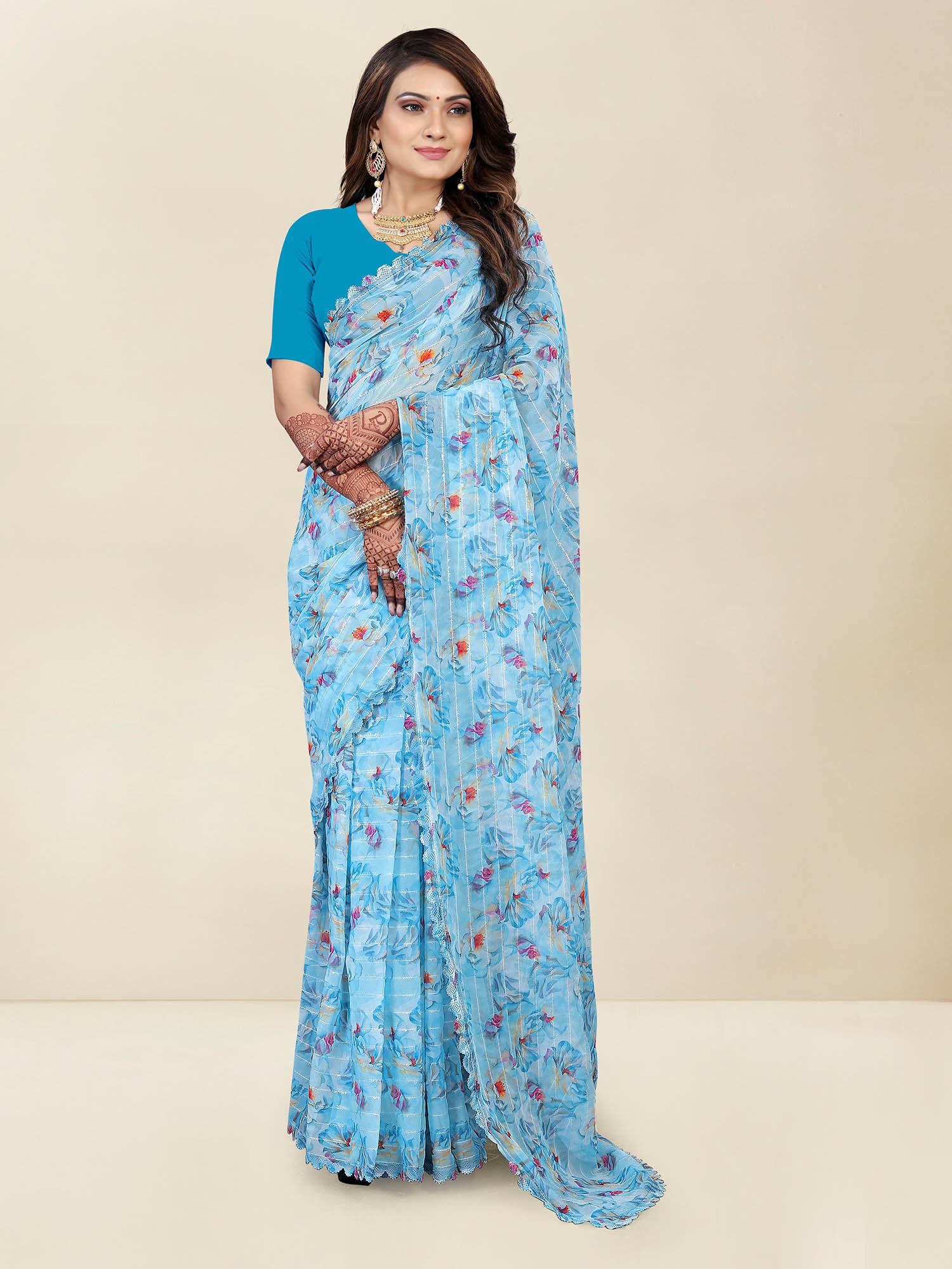 womens stylish printed saree with unstitched blouse