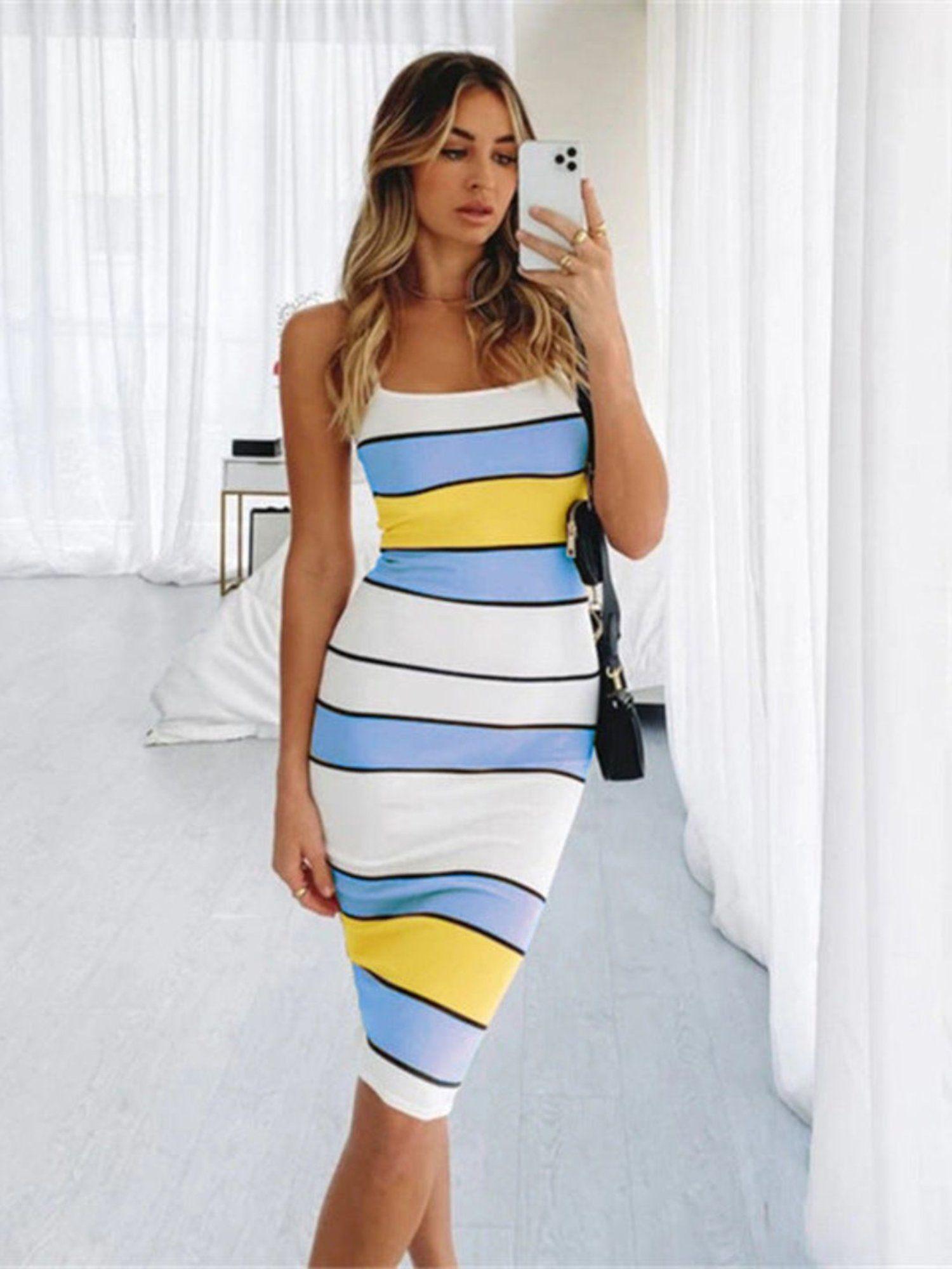 womens suspender contrast striped sleeveless tight midi dress blue & white
