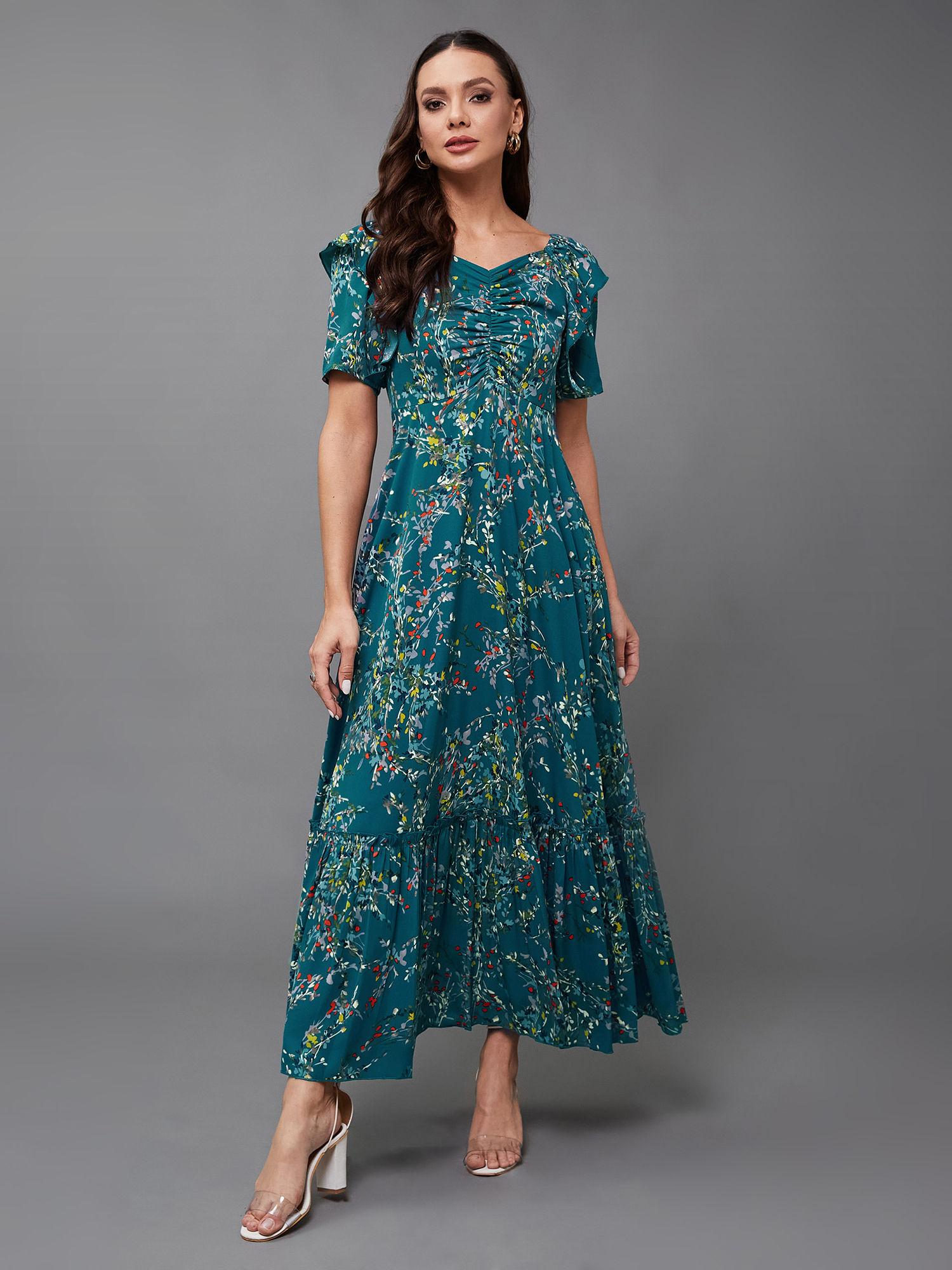 womens sweet-heart neck half sleeve floral ruching crepe maxi dress