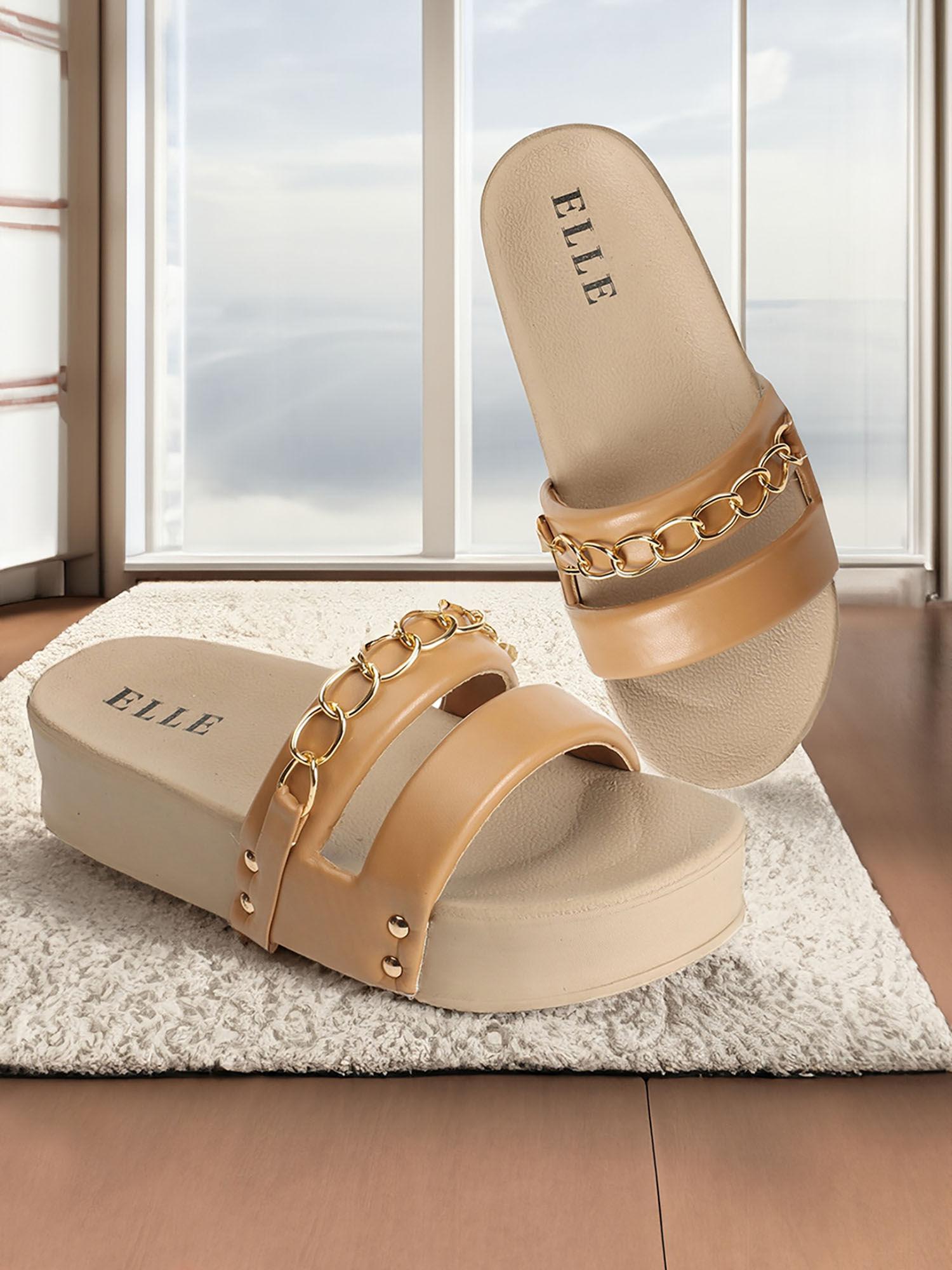 womens tan color golden chained casual wear sliders