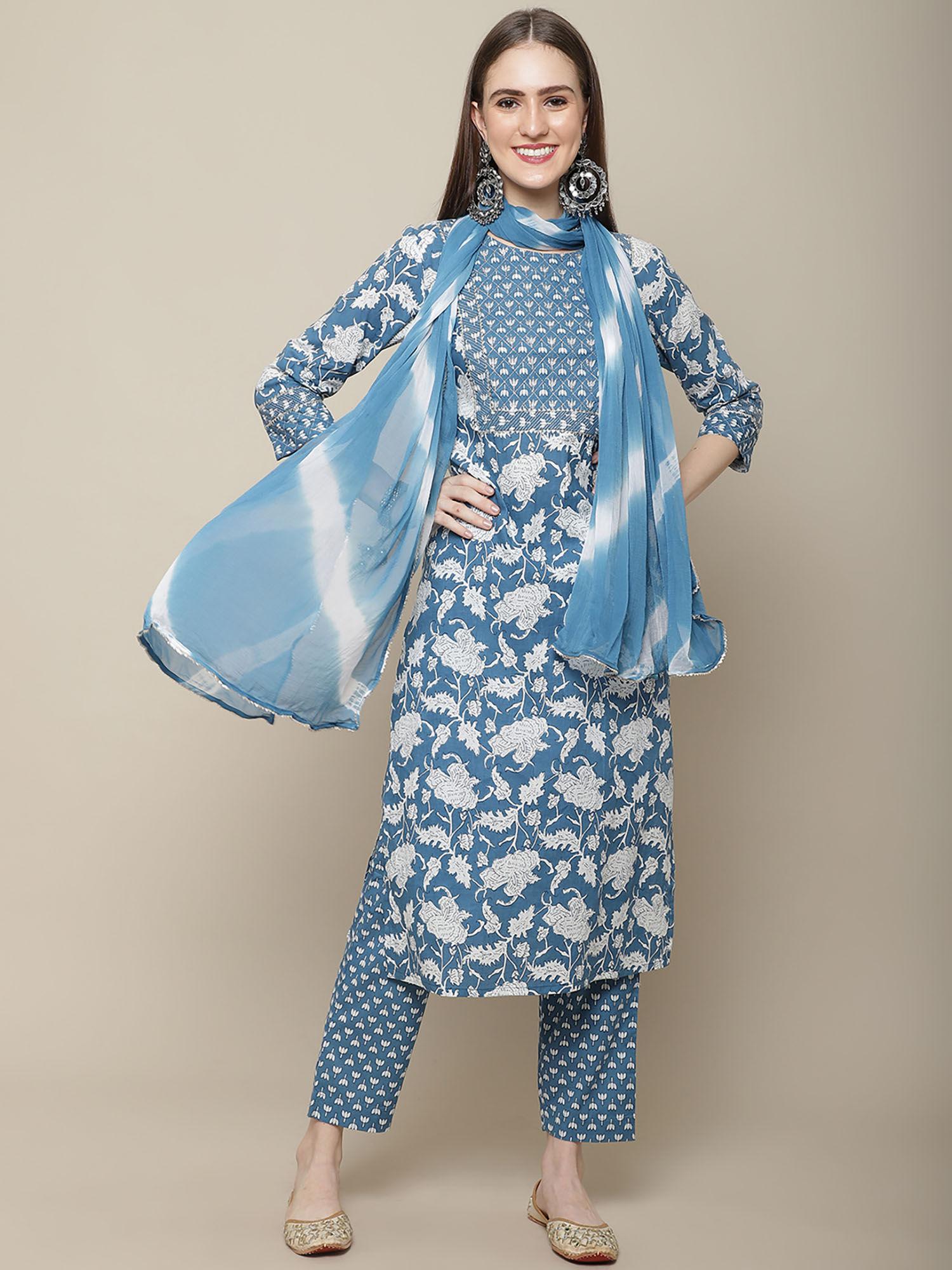 womens teal blue & white floral printed kurta with trouser & dupatta (set of 3)