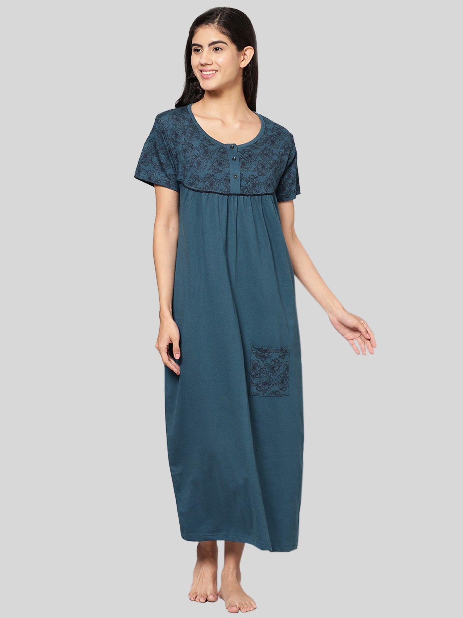 womens teal blue floral printed pure cotton maxi nightdress