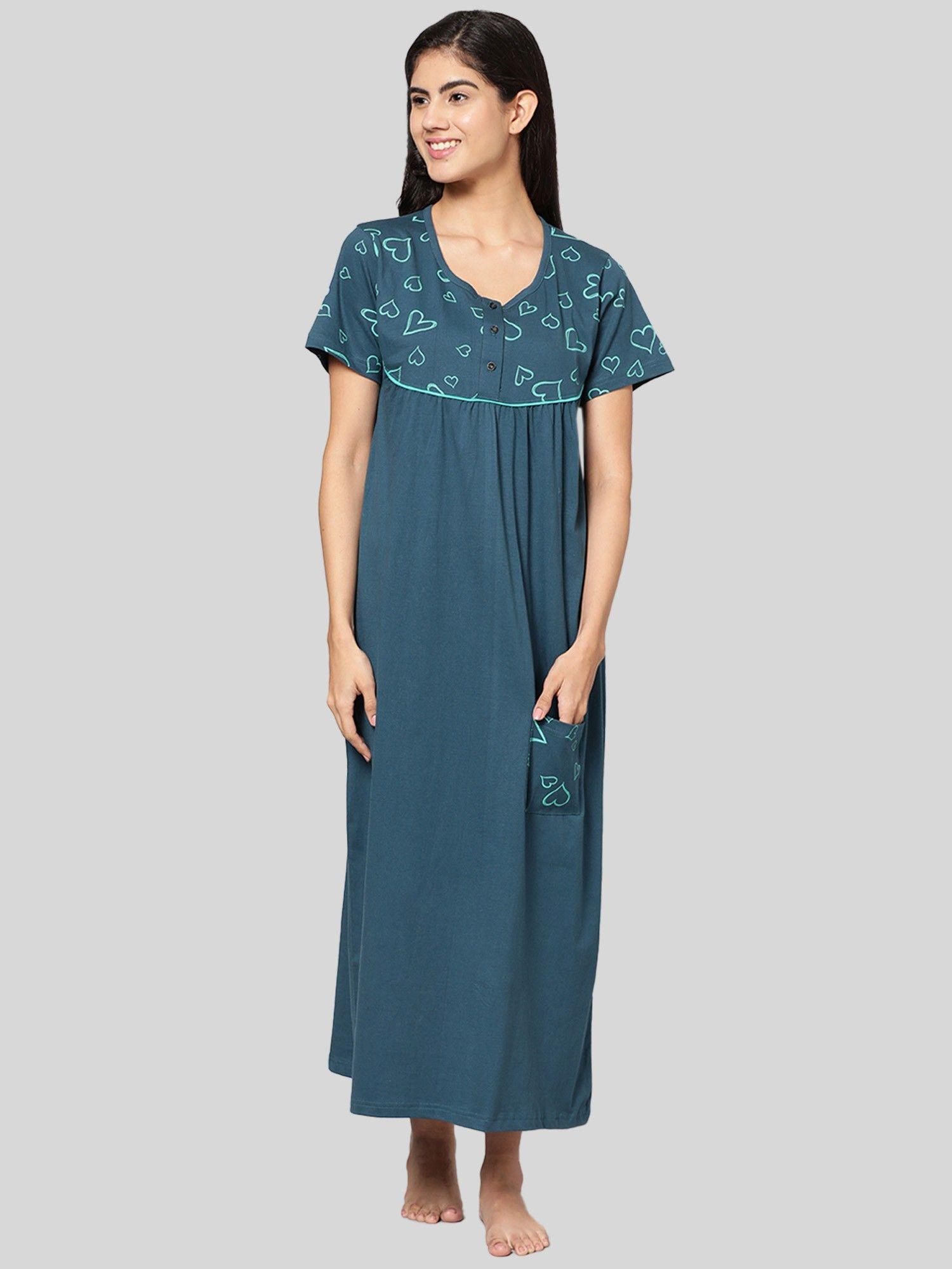 womens teal blue printed pure cotton maxi nightdress