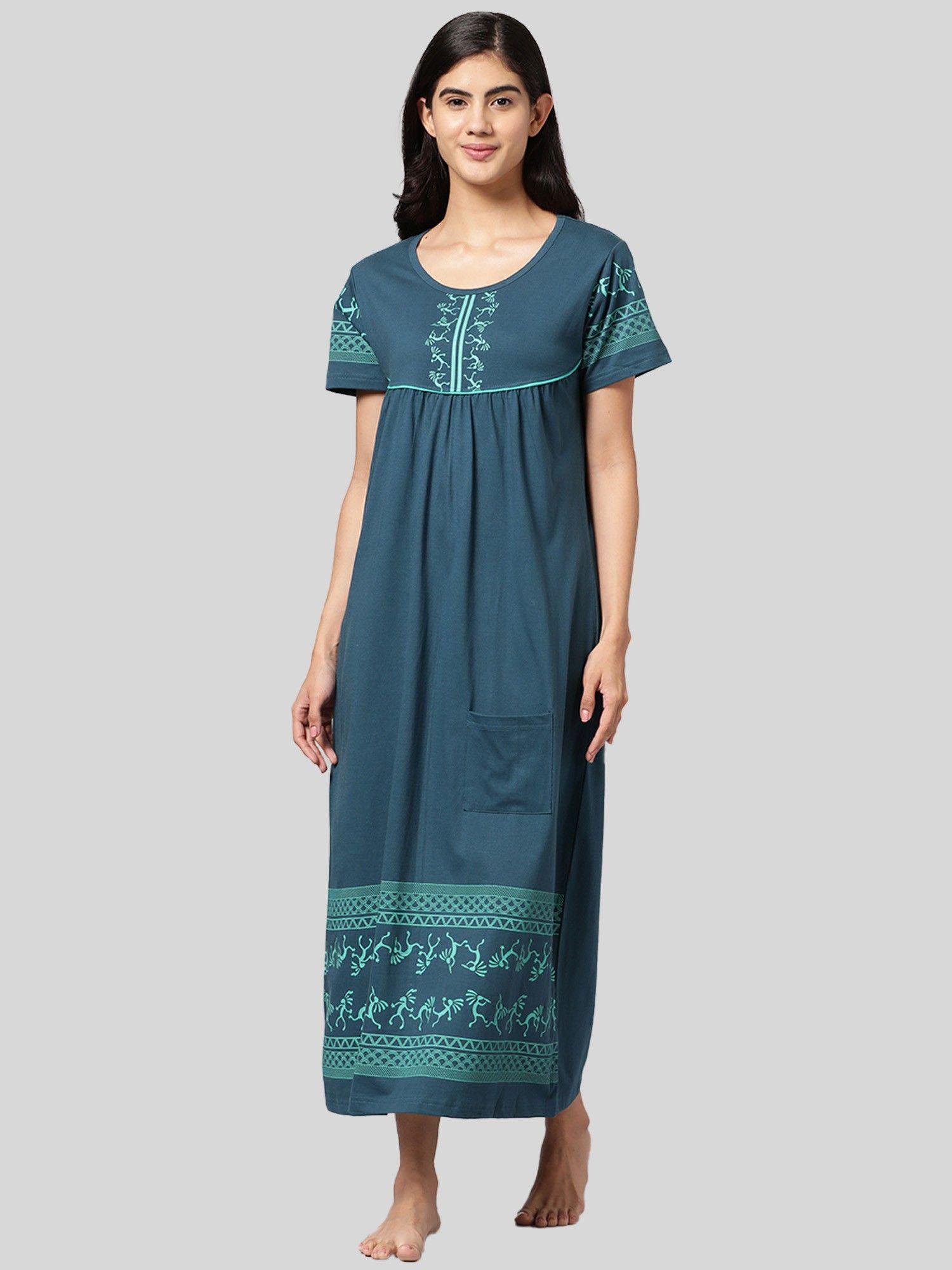 womens teal blue printed pure cotton maxi nightdress